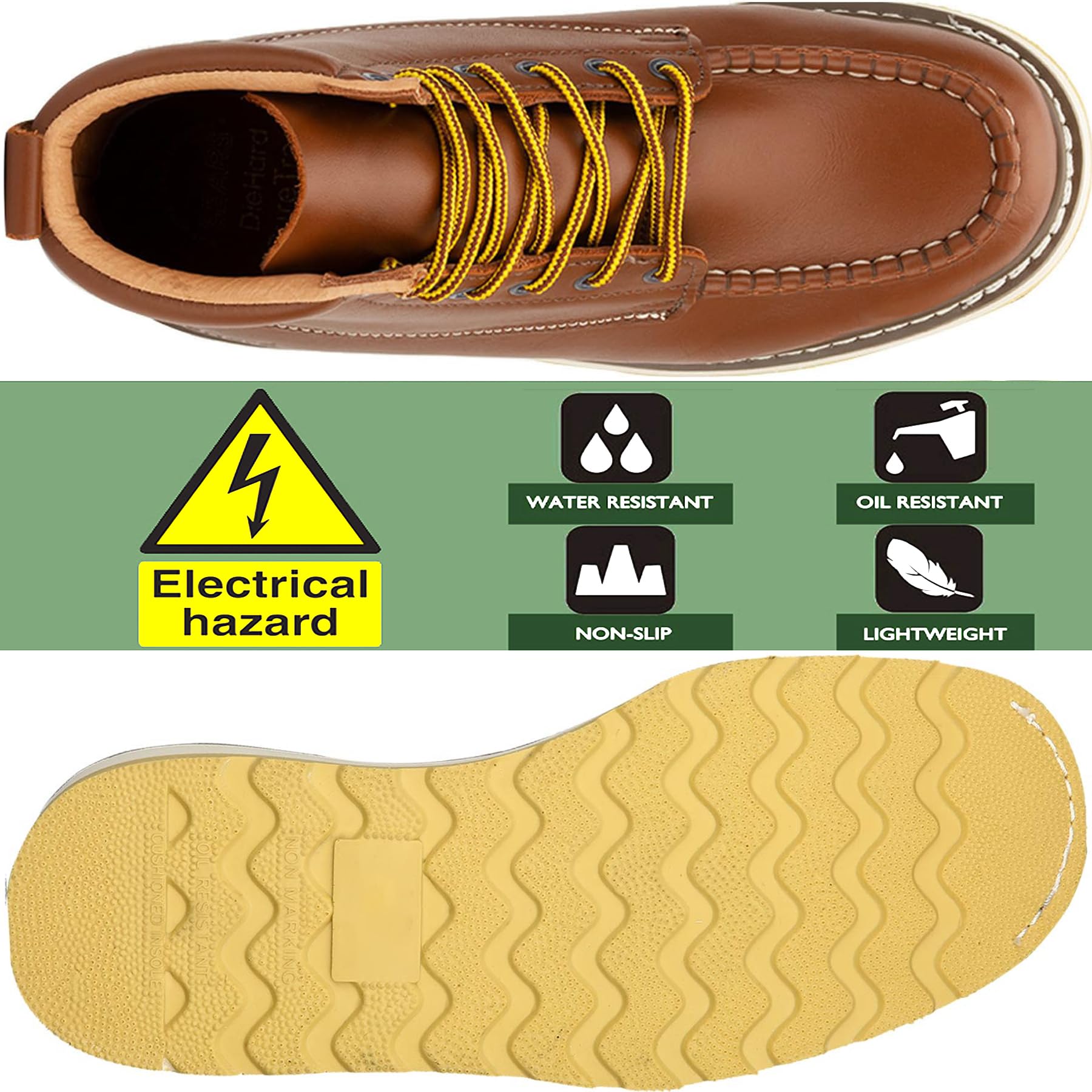 Men's Stylish Classic 6-8 Inch Soft Moc Toe EH Leather Work Boots - Non-Slip Wedge Outsole, Goodyear Storm Welt - Perfect for Construction, Outdoor Work & Heavy Duty Use