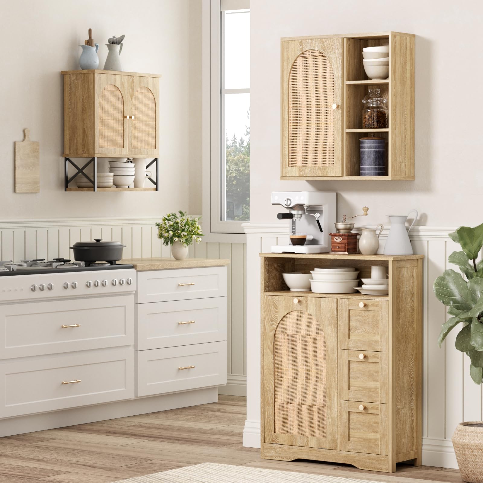 Rattan Bathroom Wall Cabinet with Door - Boho Medicine Cabinet with Adjustable Shelves, Tall Kitchen Storage Cabinet, Floating Hanging Cabinet Space Saver for Laundry Room - Natural Rattan Organizer for Bathroom, Kitchen & Home Decor (Perfect for Small Spaces & Clutter-Free Living)