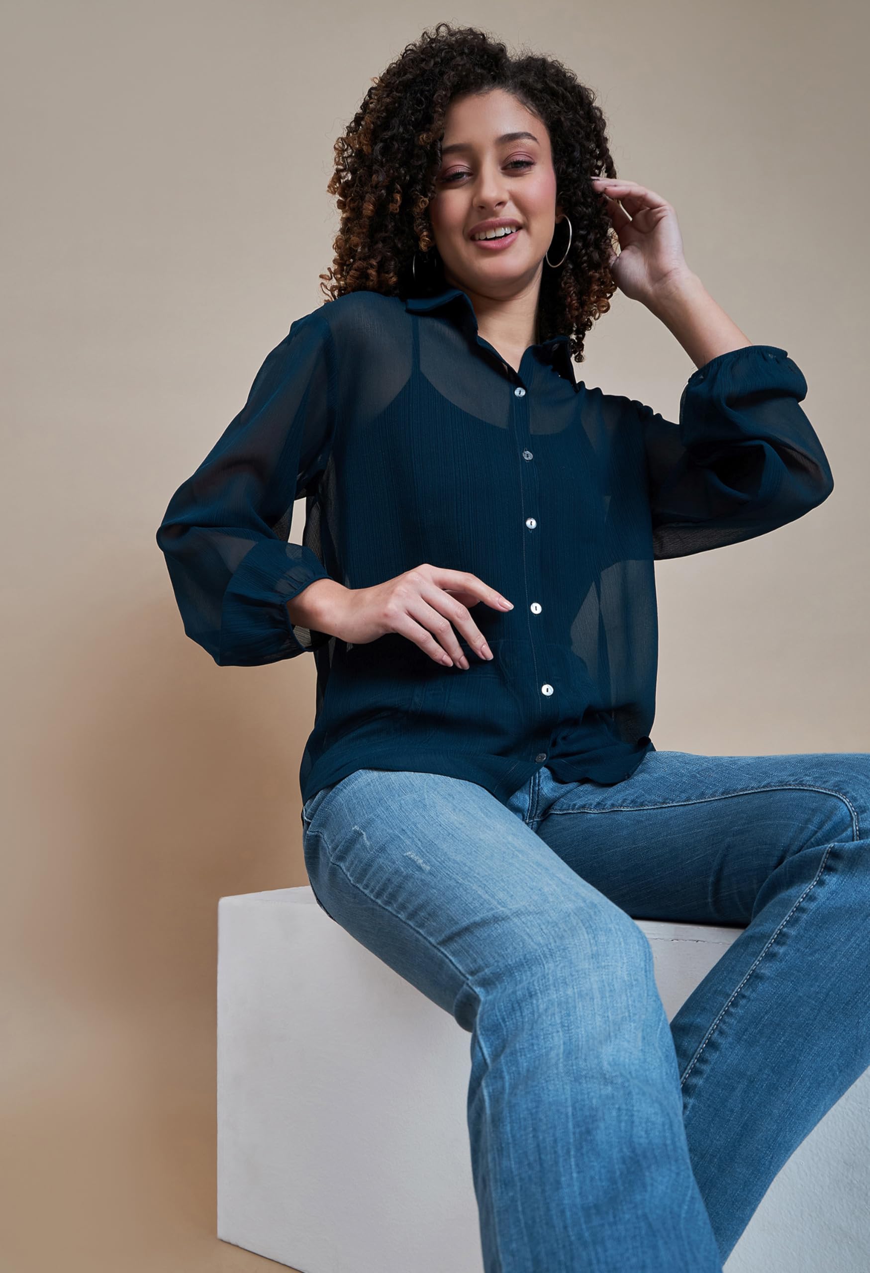 ALL YOURS Women's Solid Sheer Spread Collar Casual Shirt - Stylish Western Tops for Women & Girls | Perfect for Office, Date Night & Everyday Wear