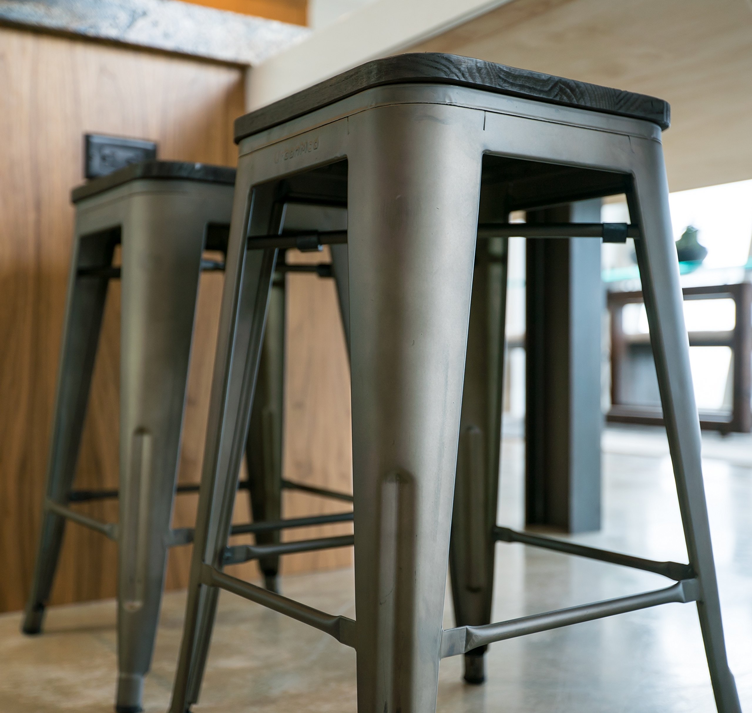 24 Inch Bar Stools for Kitchen Counter Height - Indoor/Outdoor Metal Barstools with Rustic Gunmetal Finish & Wooden Seat - Perfect for Kitchen Islands, Patios, and Home Bars