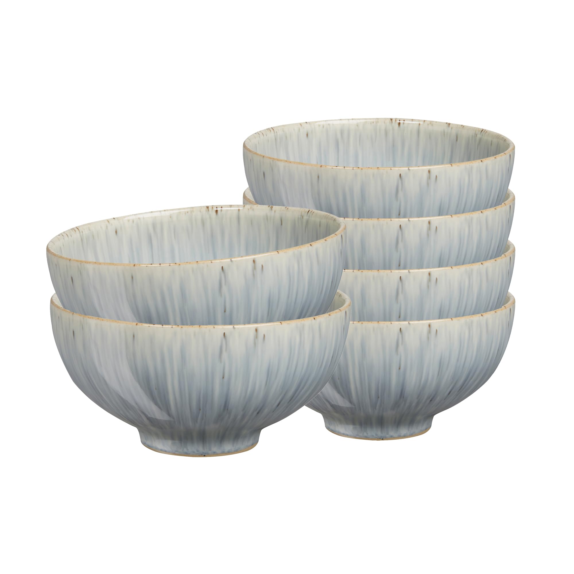 Denby Halo Speckle Rice Bowls Set of 6 - 16oz Microwave & Dishwasher Safe Ceramic Bowls - Chip & Scratch Resistant Stoneware - Grey, Blue, Neutral Colors - Perfect for Asian Cuisine, Soup, Salad & Everyday Dining