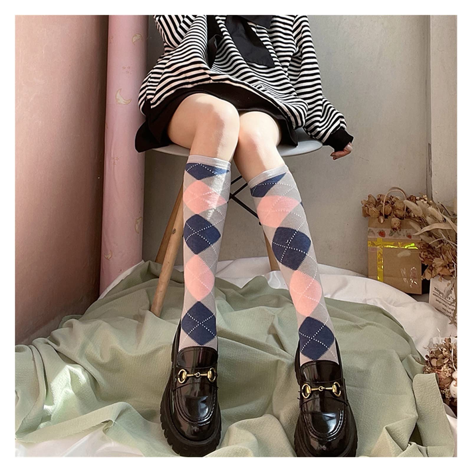 Stylish Rhombus Pink Knee Socks for Women - Breathable Cotton Mid-Calf Spring Summer Socks (One Size) - Perfect for Casual Outfits, Workouts & Fashion Looks
