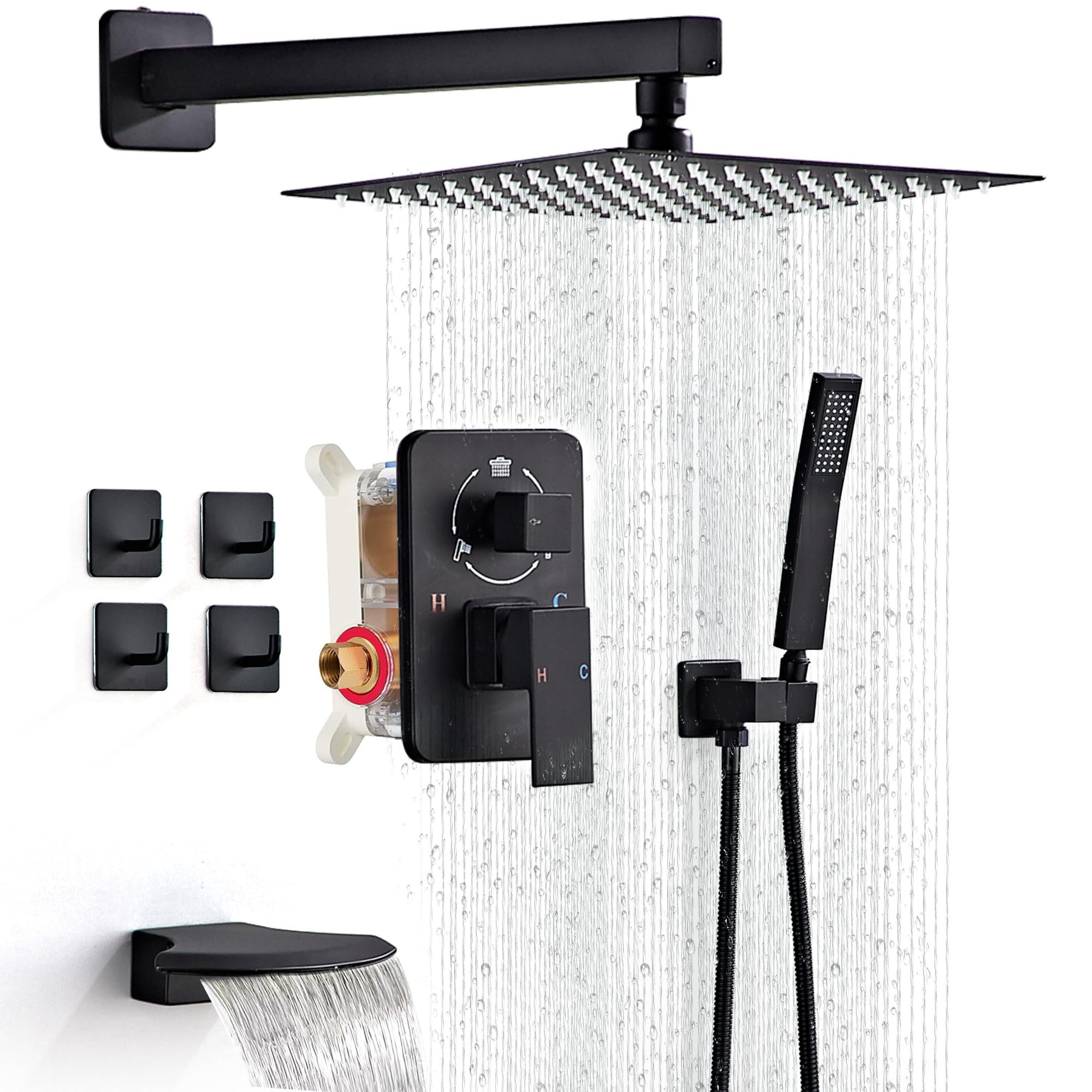 Premium Matte Black Rainfall Shower System - 10