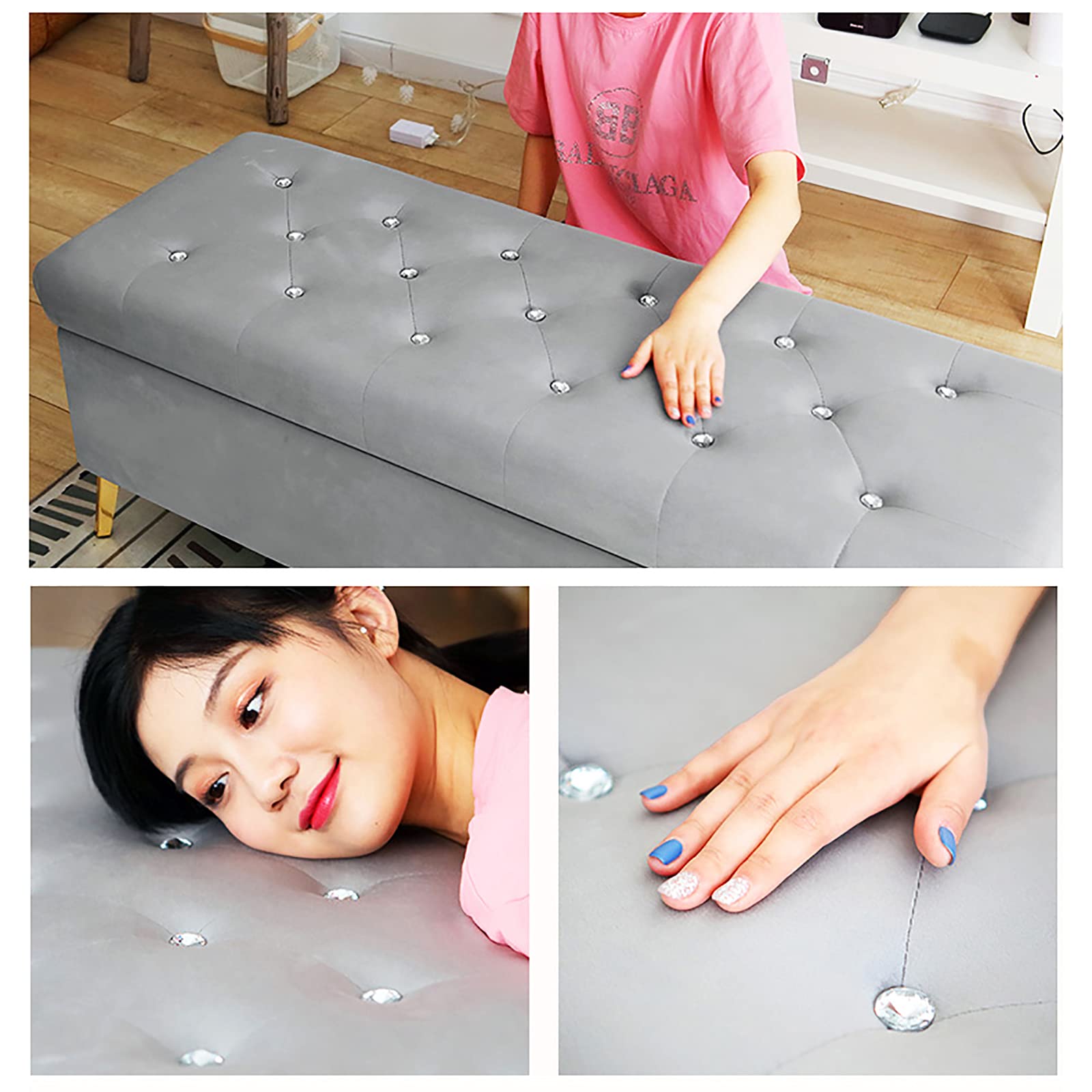 Luxury Velvet Upholstered Storage Ottoman Bench with Crystal Buttons - Navy Blue 60x42x45cm (24x17x18in) - Multi-Functional Footrest, Bedroom Bench, Entryway Shoe Storage & Living Room Decor