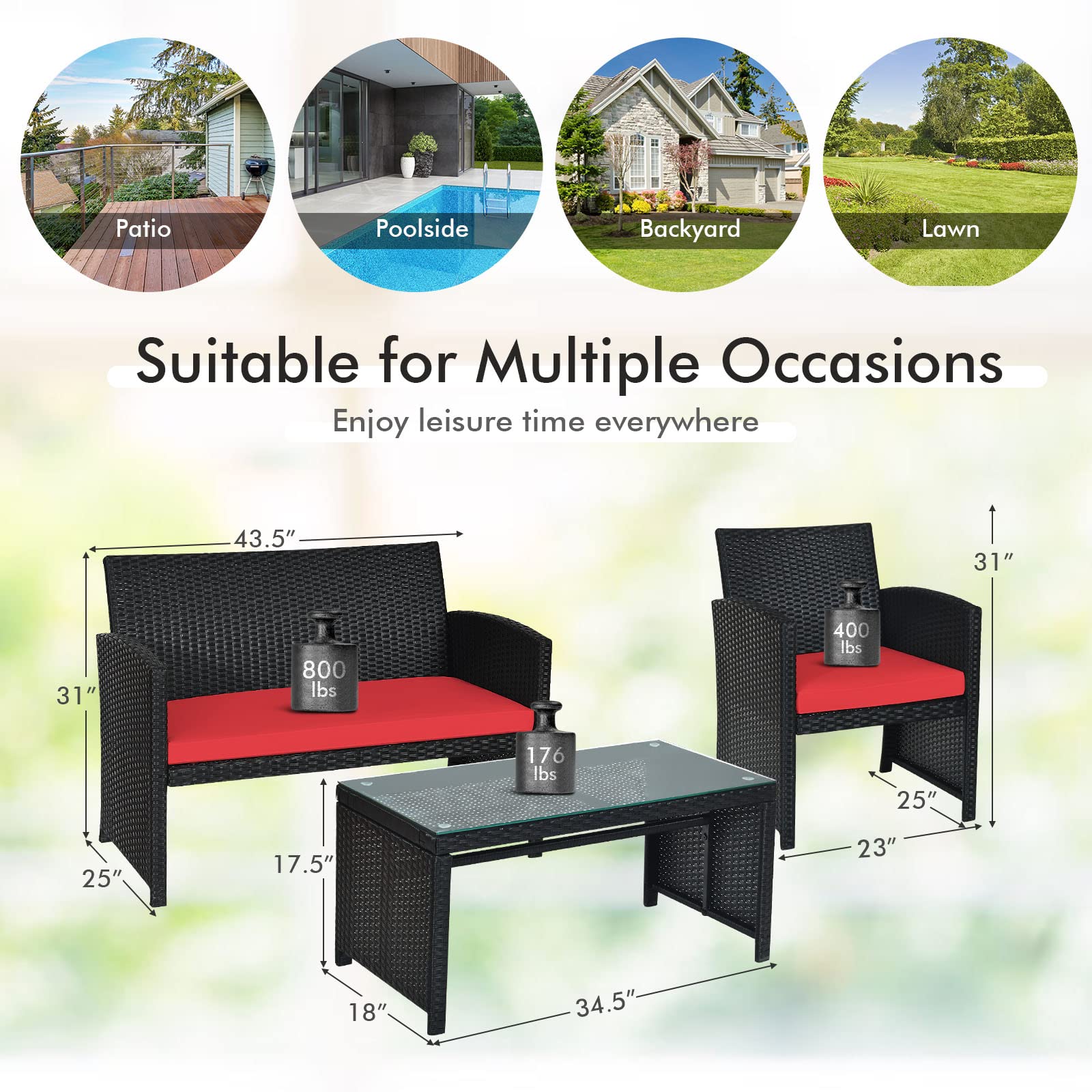 Goplus 4-Piece Rattan Patio Furniture Set - Outdoor Wicker Conversation Sofa with Cushions & Tempered Glass Coffee Table - Weather-Resistant Garden, Balcony, Backyard Furniture (Red) - Perfect for Outdoor Entertaining, Lounging, and Relaxation