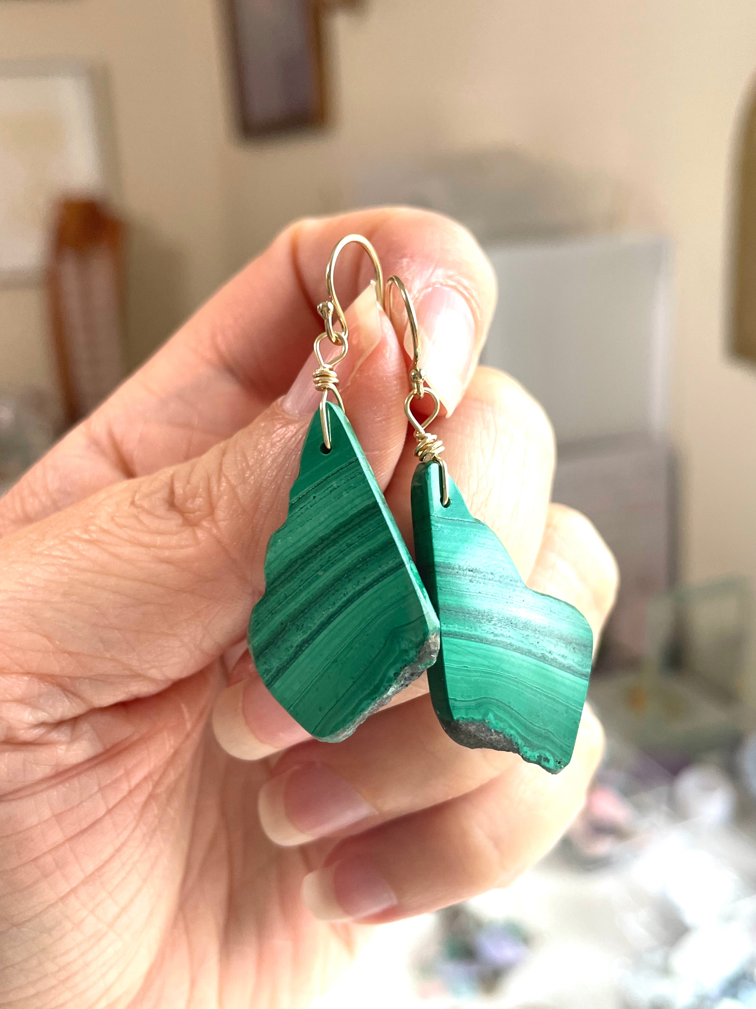 14kt Gold Filled Long Malachite Crystal Dangle Earrings - Handmade Boho Chic Jewelry for Women, Gift for Her | Perfect for Parties, Weddings & Special Occasions