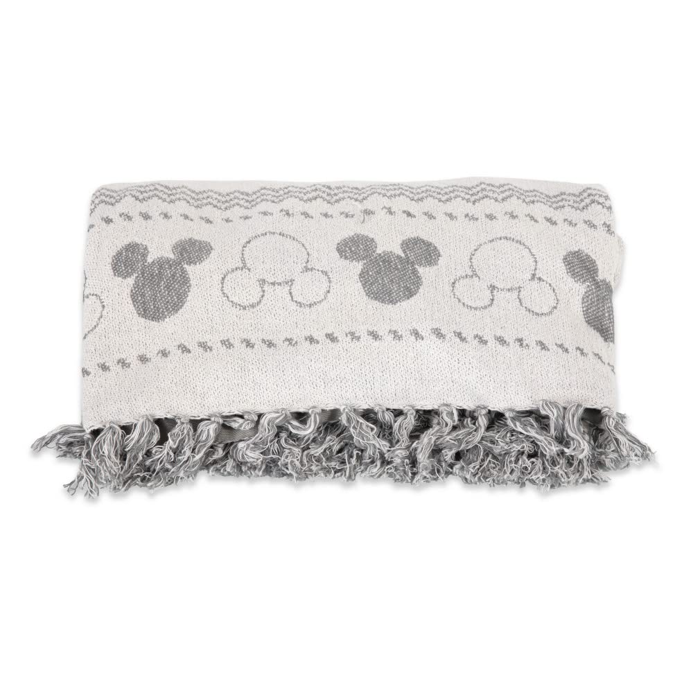 **Disney Mickey Mouse Farmhouse Picnic Blanket - Woven Waterproof Outdoor Blanket for Beach, Park & Camping - White with Gray Accents**