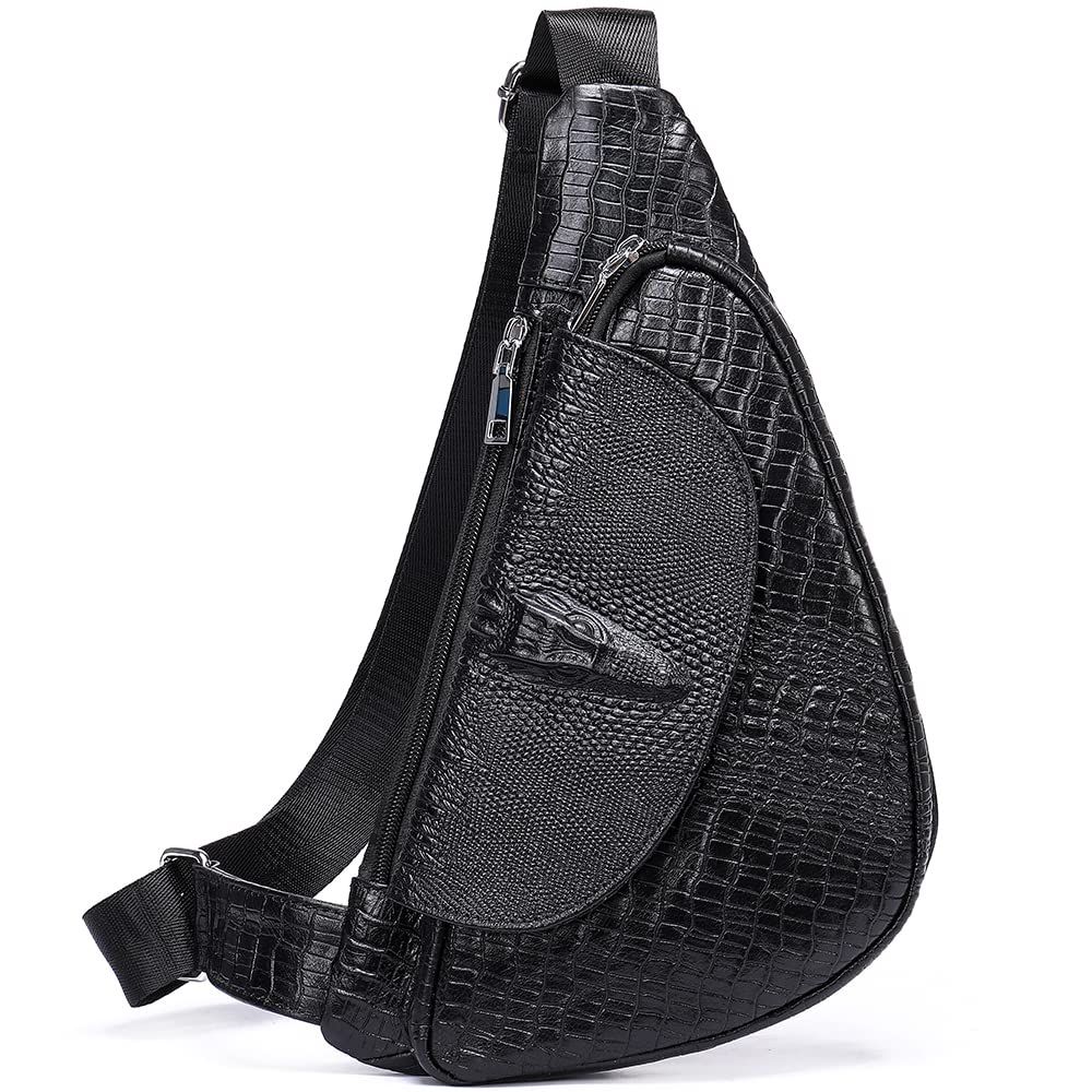 **NIUCUNZH Genuine Leather Crocodile Sling Bag for Women & Men - Crossbody Shoulder Purse Backpack, Black - Perfect for Travel, Work & Daily Use**