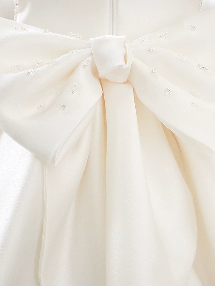 White Princess Round Tea Length Satin Flower Girl Dress for Weddings, Birthday Parties & Special Occasions