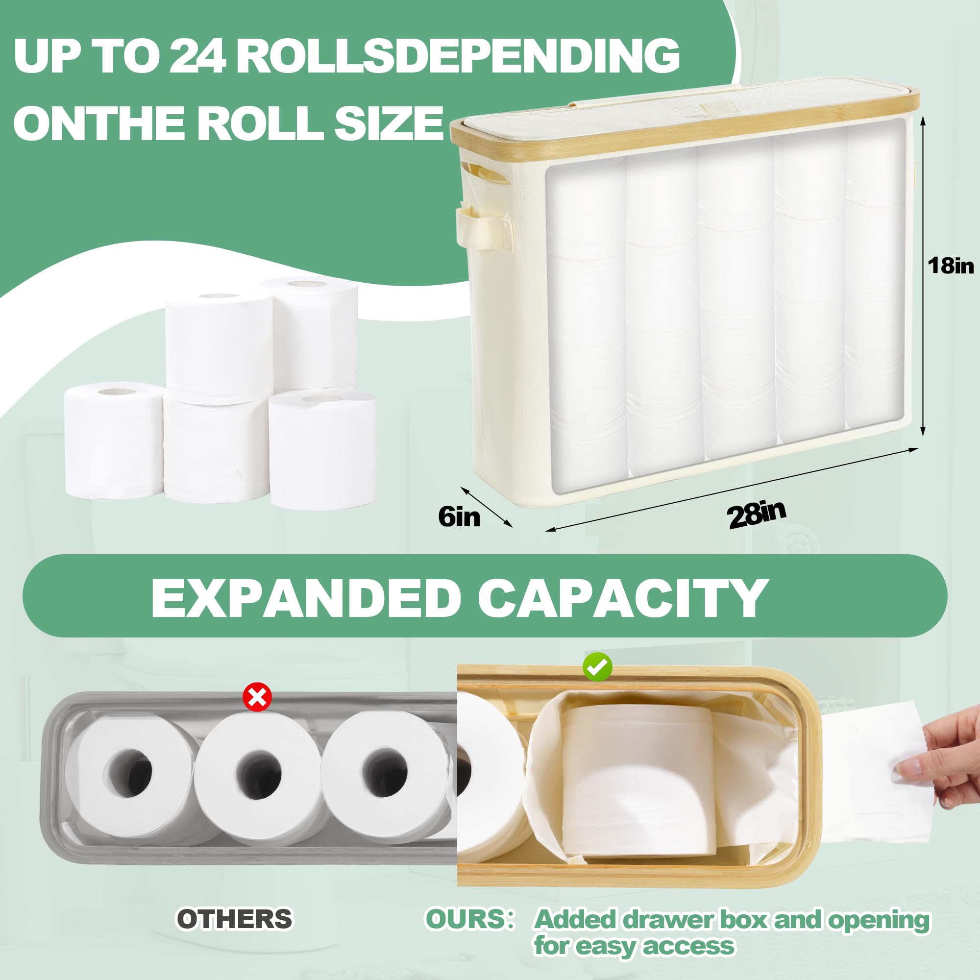 BALAPET Bamboo Toilet Paper Storage Basket with Lid and Drawer - Waterproof Bathroom Tissue Organizer (55L) - Perfect for Bathroom, Vanity, and Home Organization