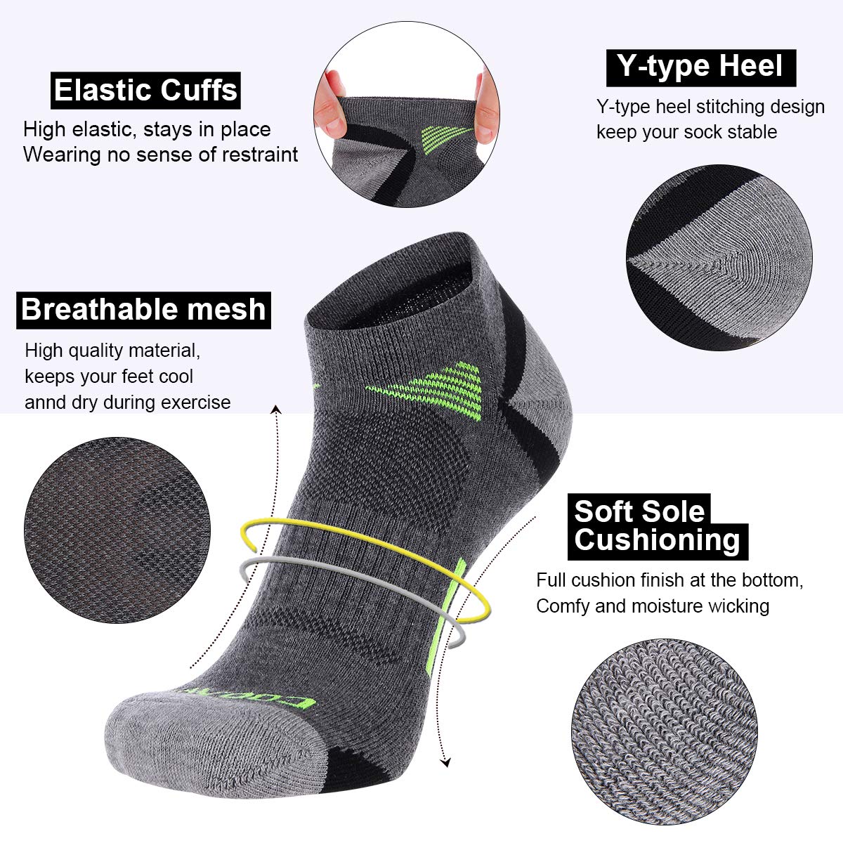 COOVAN Men's Low Cut Athletic Socks - 6 Pack Breathable Cushioned Running Socks for Sports & Workout - Perfect for Jogging, Gym Training and Daily Wear