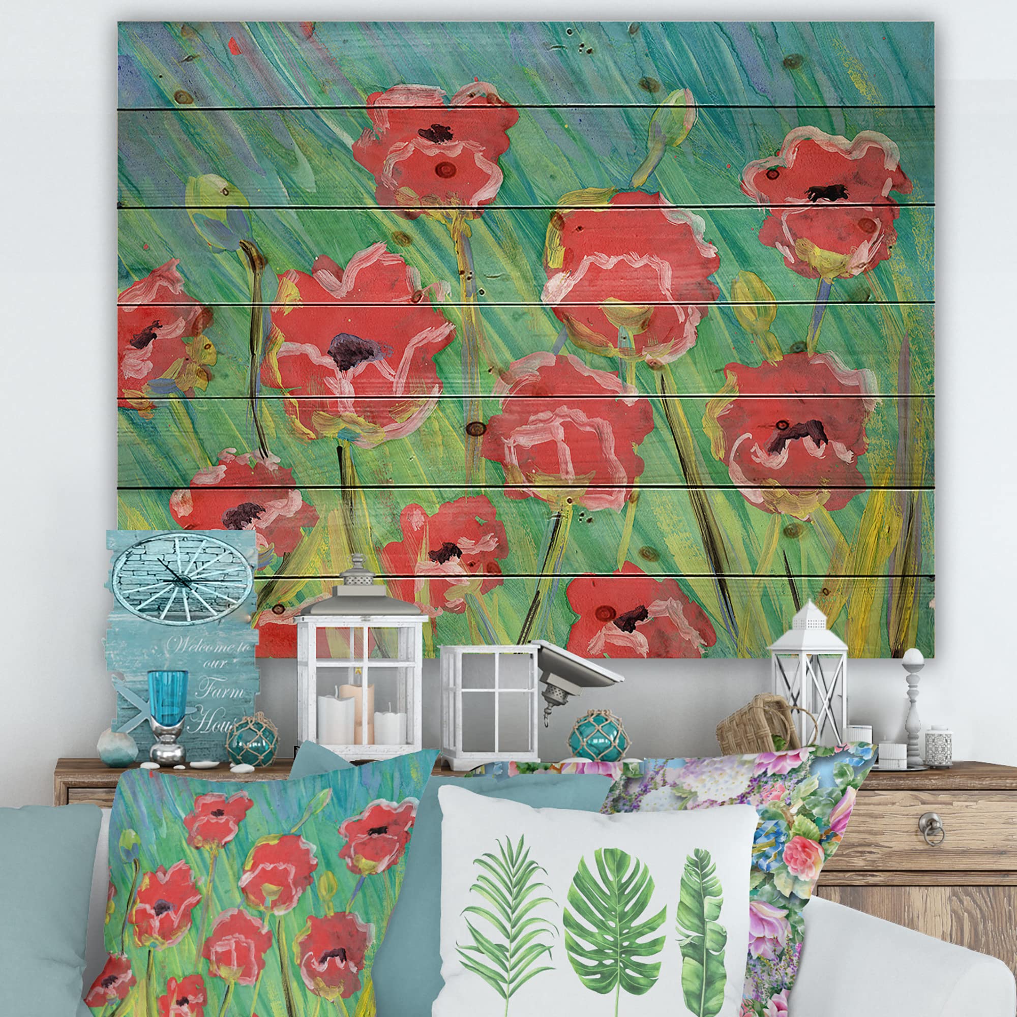 DesignQ Blooming Poppies Gouache Wood Wall Art - Traditional Red Floral Wall Decor - Large Pine Wood Wall Panels - Perfect for Living Room, Bedroom & Office Decoration