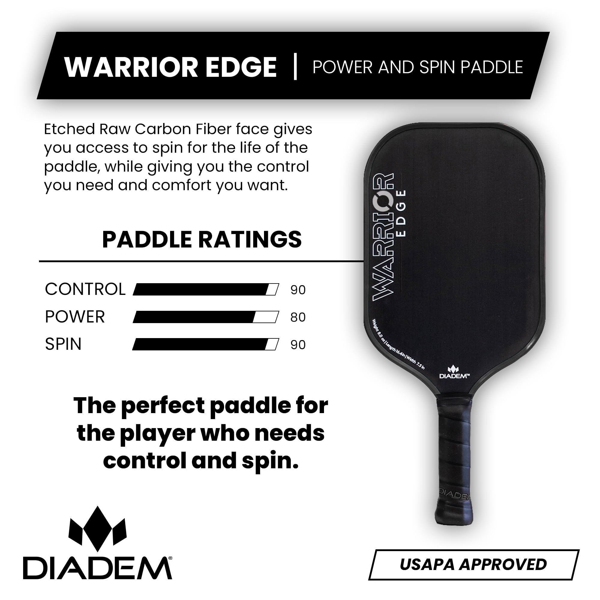 Diadem Warrior Edge Pickleball Paddle - Carbon Fiber Surface for Maximum Spin & Control, 16mm Polymer Core | Perfect for Competitive Play & Tournament Use