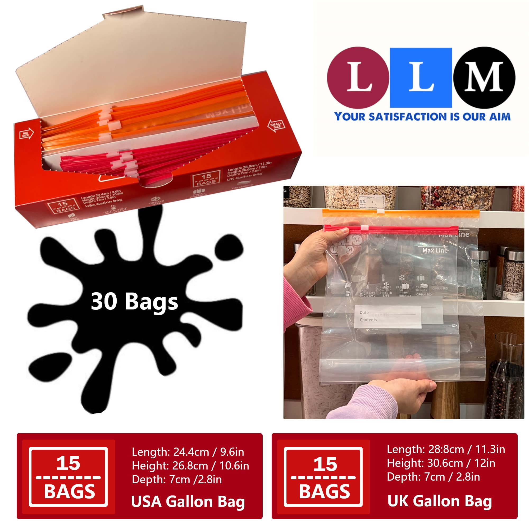 LLM Premium Gallon Freezer Bags - Heavy Duty Stand & Fill Expandable Bottom Ziplock Bags (30 Pack) | BPA Free Food Storage Solution for Freezing, Meal Prep & Bulk Groceries | Includes Both US & UK Gallon Sizes