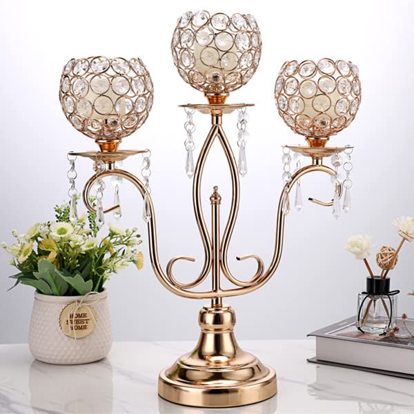 3-Arm Gold Metal Crystal Candle Holder - Elegant Candelabra for Wedding Centerpieces, Dining Table Decor & Home Decoration - Perfect for Romantic Dinners, Holiday Decor & Special Occasions