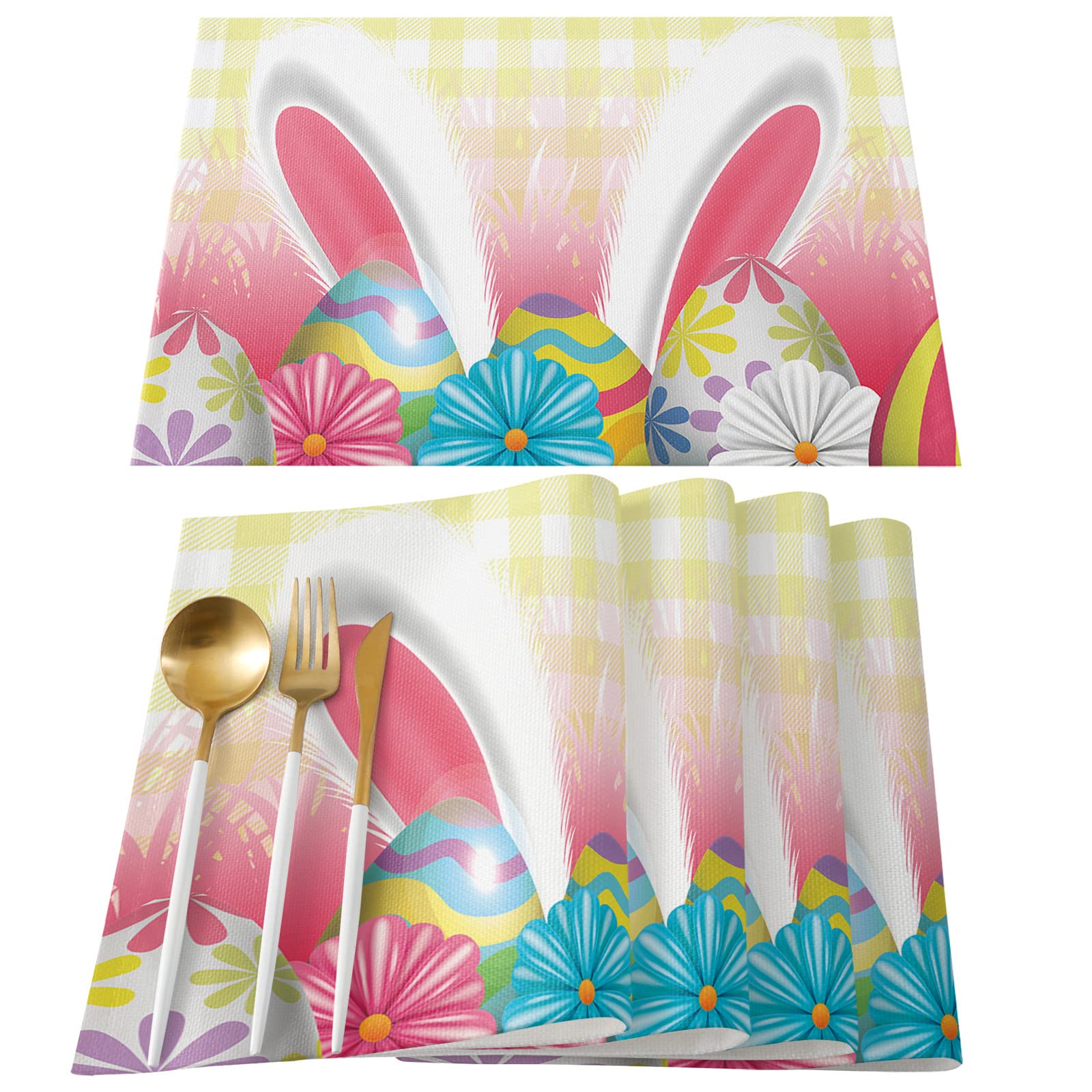 Easter Bunny Placemats Set of 6 - Waterproof Checkered Table Mats with Floral Design for Dining & Kitchen - Washable Spring Table Decor for Easter Brunch, Holiday Parties & Family Gatherings