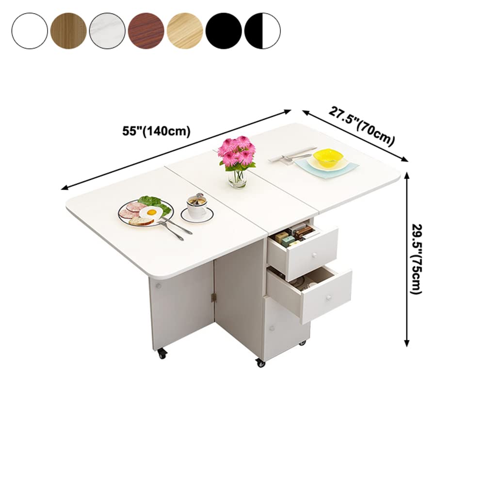 Modern Wood Pedestal Dining Table with Drop Leaf - Foldable Kitchen Table, White (55.1