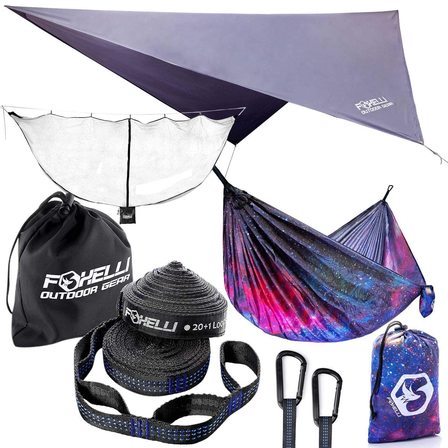 Foxelli Camping Hammock Set - Lightweight Portable Hammock with Rain Fly Tarp, XL Tree Straps & Mosquito Net - Perfect for Backpacking, Hiking and Outdoor Adventures