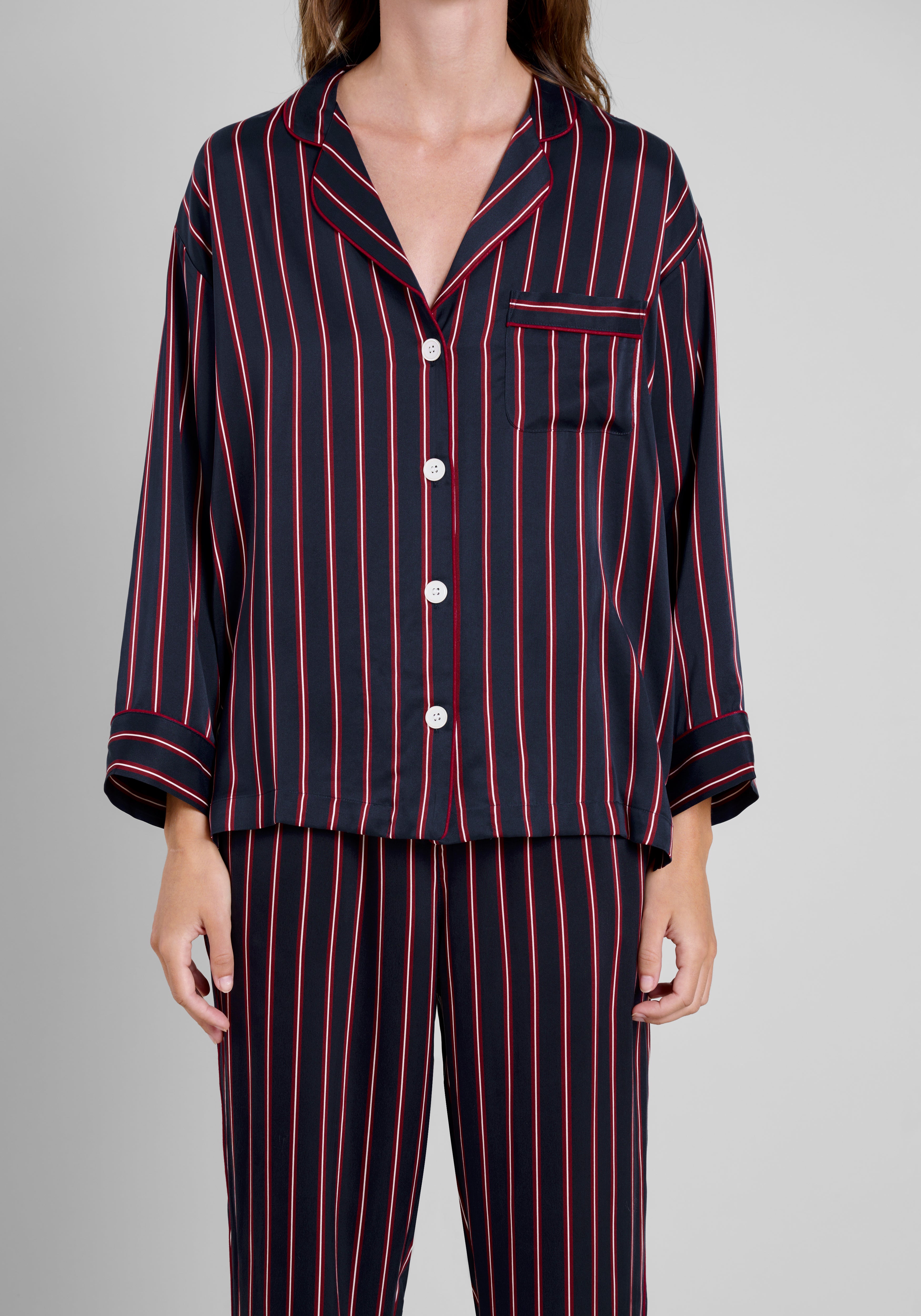 Luxurious Washable Silk Pajama Set for Women - Midnight Stripe Print - Soft & Breathable Sleepwear - Perfect for Relaxing at Home, Spa Days & Cozy Evenings