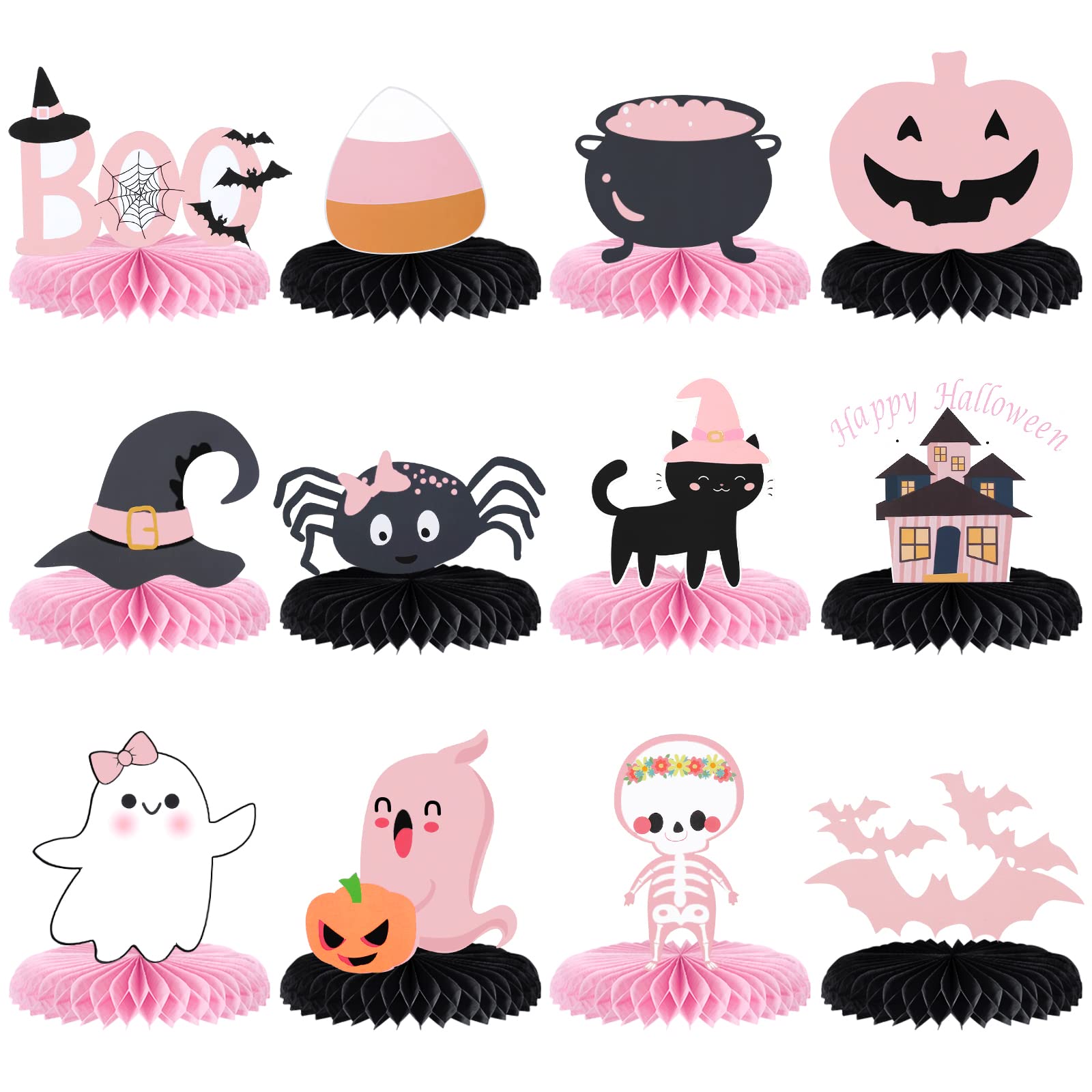 12Pcs Pink & Black Honeycomb Halloween Centerpieces - Baby Shower & Birthday Party Table Decorations, Halloween Table Toppers with Sticks for Girls Party, Home & Office Halloween Decor