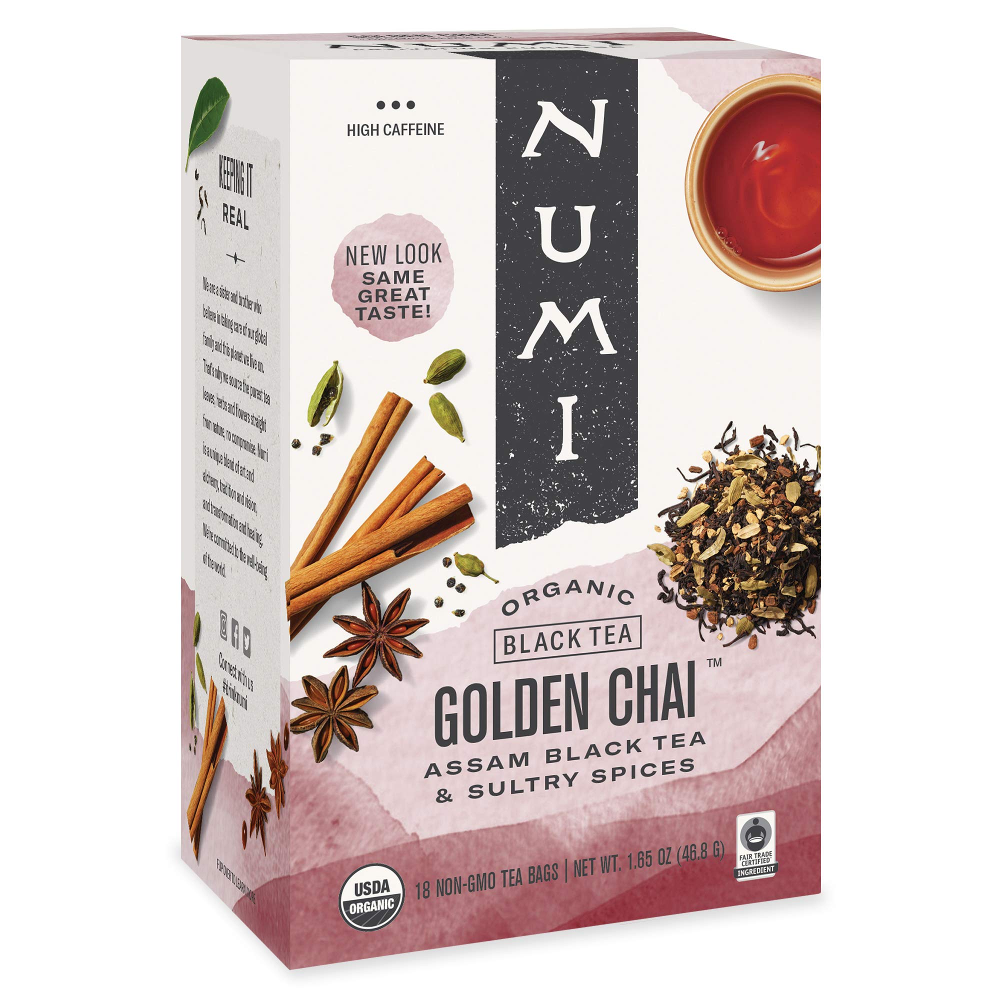Numi Organic Golden Chai Tea & Rooibos Chai Tea - 18 Tea Bags Each | USDA Certified, Caffeine-Free Herbal Tea | Perfect for Relaxation, Afternoon Tea & Gifts