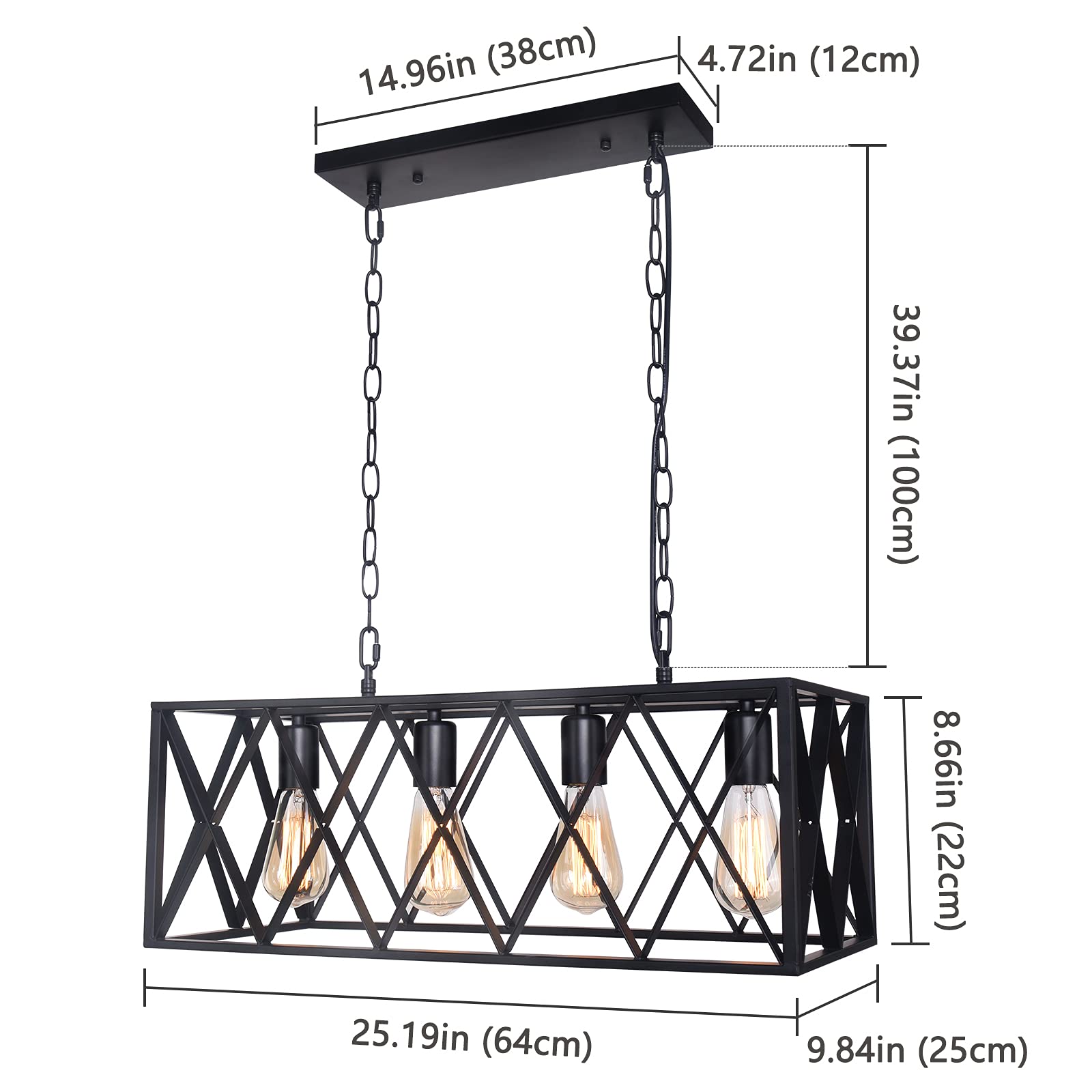 Farmhouse Black Kitchen Island Pendant Light - 4-Light Industrial Cage Chandelier for Dining Room, Kitchen, Living Room & Pool Table Areas | Rustic Ceiling Hanging Light Fixture for Modern Farmhouse & Industrial Style Decor
