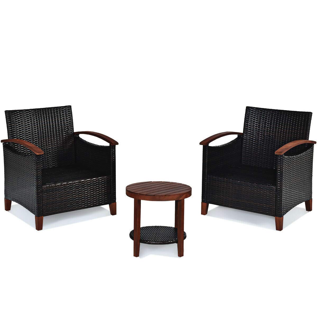 Outdoor Bistro Furniture Set - 2 Single Sofas & Round Coffee Table with Thick Cushions, Acacia Wood Frame - Perfect for Patio, Backyard, Garden, Balcony, Terrace & Poolside Relaxation