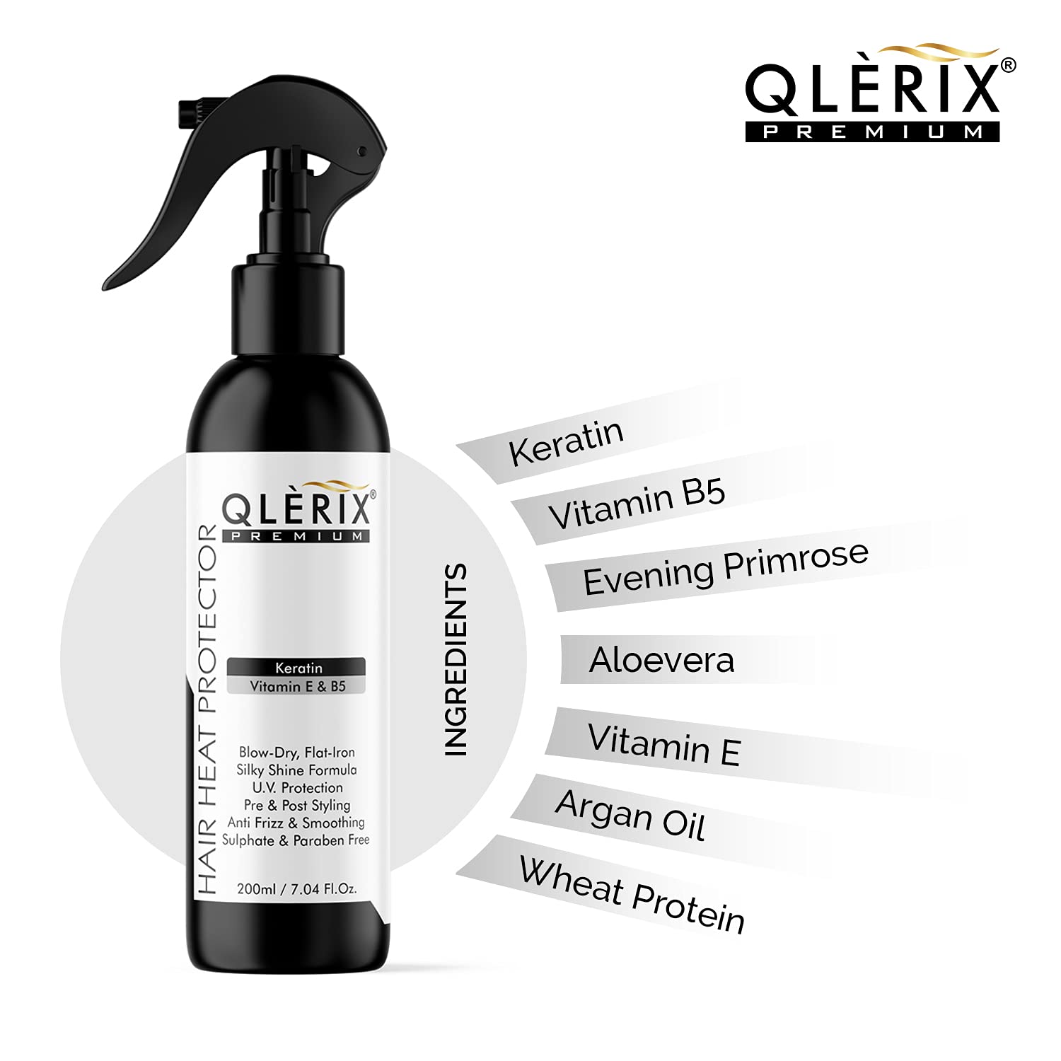 QLERIX Premium Heat Protectant Spray for Hair - 200ml | Keratin, Argan Oil, Vitamin E & B5 Enriched | Pre & Post Styling Shield | Thermal Protection for Blow Drying, Straightening & Curling | Safe for Color-Treated Hair
