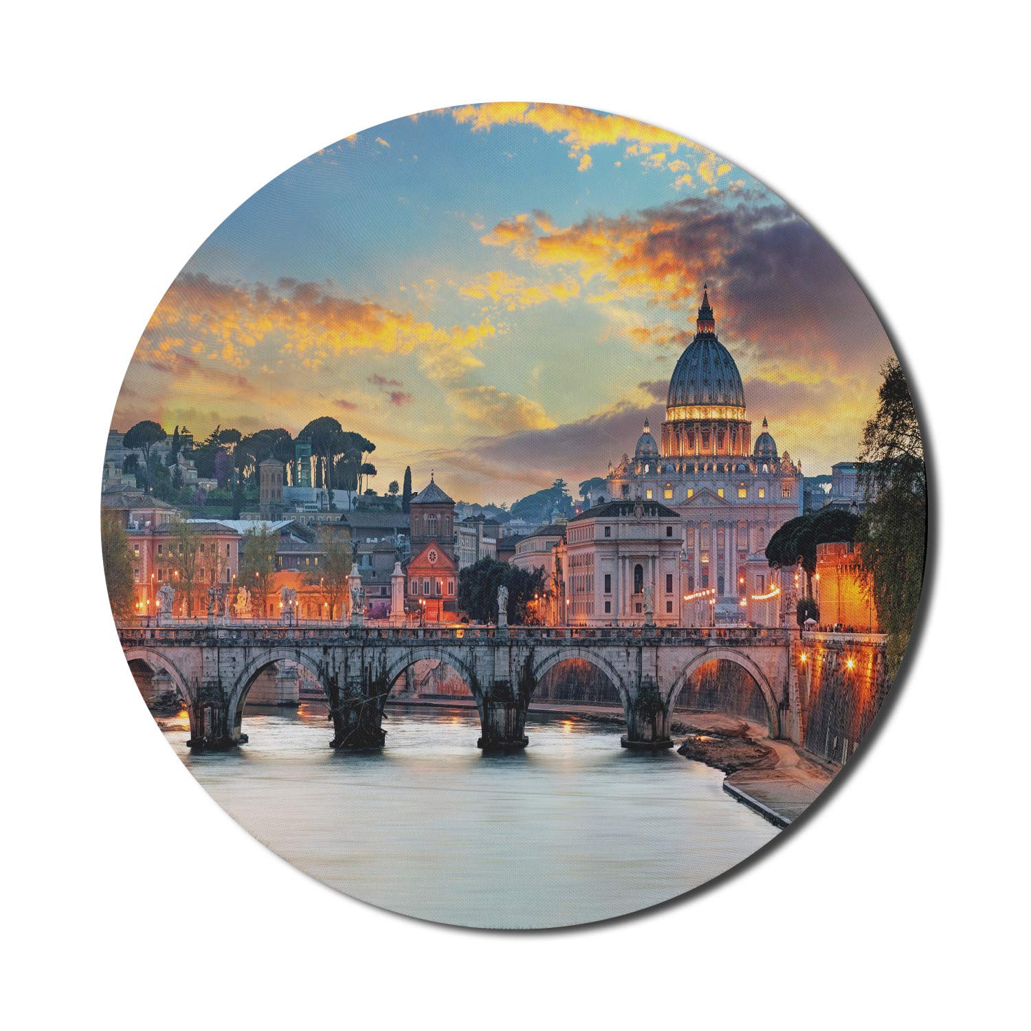 Ambesonne Italy Themed Mouse Pad - Vatican Rome Evening Landmark Travel Print, Non-Slip Thick Rubber Gaming Mousepad, 8 Inch Round for Computer & Laptop - Perfect for Office, Home & Gaming Setup
