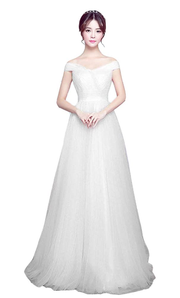 Elegant White Off-the-Shoulder Tulle Wedding Dress - A-Line Formal Ball Gown for Women | Perfect for Bridal, Prom, Evening Parties & Special Occasions