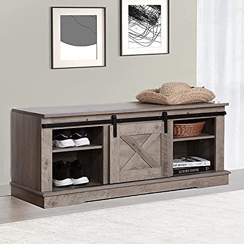 Farmhouse Shoe Storage Bench with Sliding Barn Door - Entryway Hallway Organizer, Wooden Boot Shelf & Removable Storage for Shoes, Max Load 330 lbs - Perfect for Mudroom, Closet & Small Space Organization