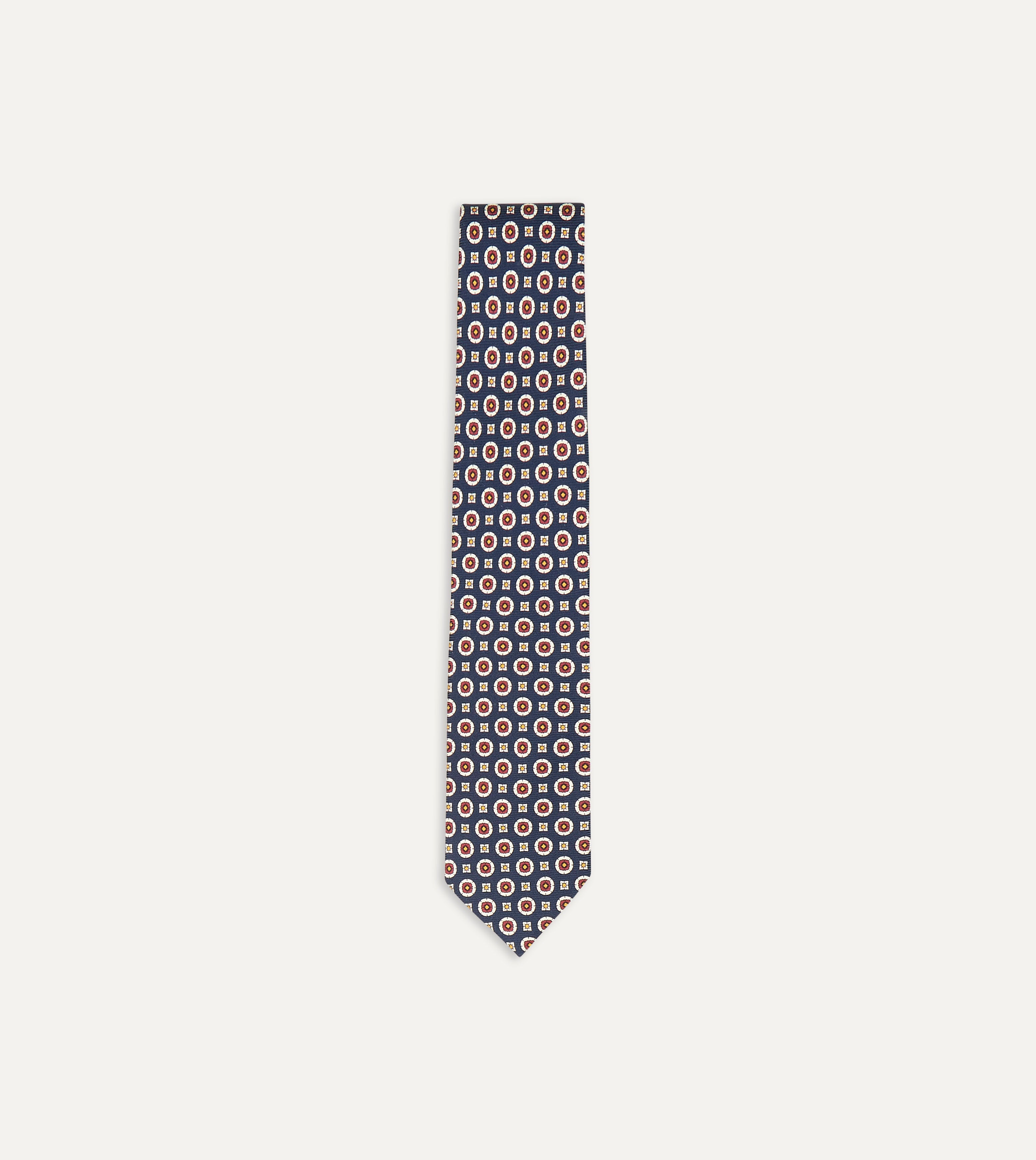 Navy and Red Geometric Medallion Print Silk Foulard Tie for Men - Elegant Necktie for Business, Weddings & Formal Occasions