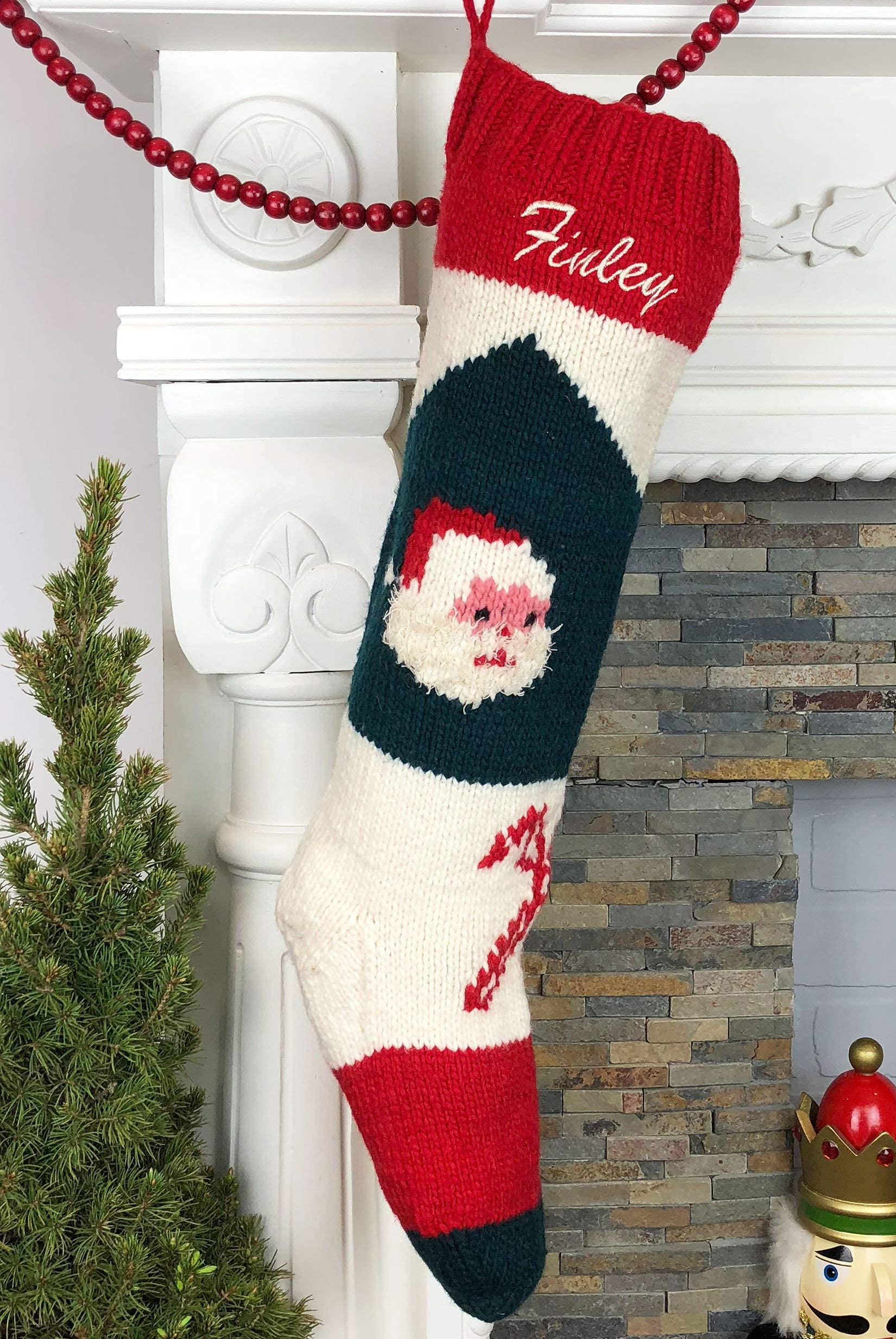 Hand Knit Personalized Christmas Stocking with Santa Design - Perfect for Holiday Decorations, Fireplace Mantel, and Festive Gift Giving
