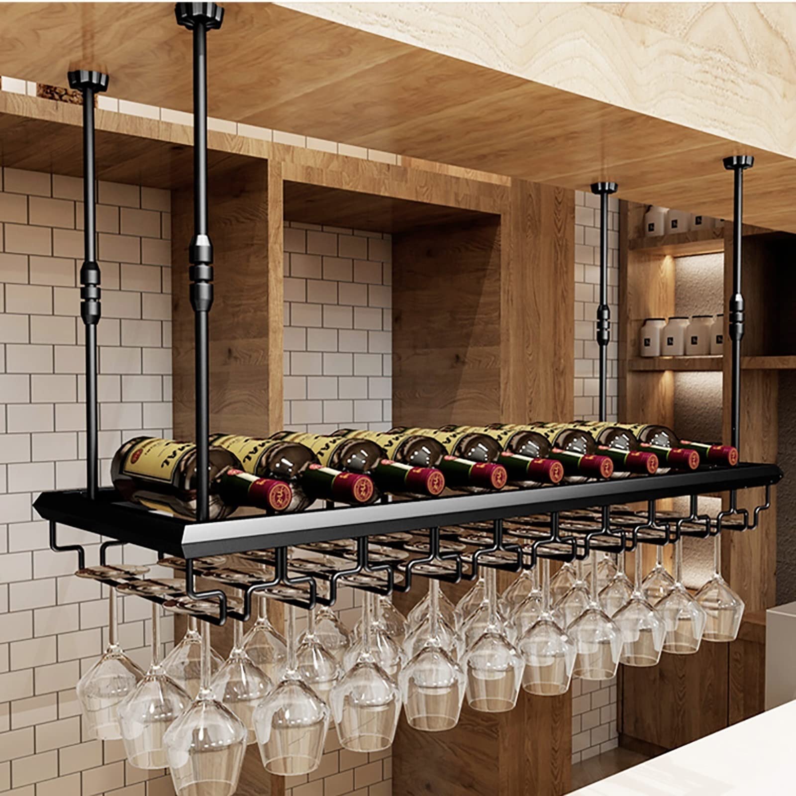 Vintage Hanging Wine Rack & Glass Holder - Adjustable Ceiling Mounted Storage for Kitchen, Bar, or Loft - Easy Installation for Wine Bottles & Stemware - Perfect for Home, Restaurant & Wine Cellar Organization
