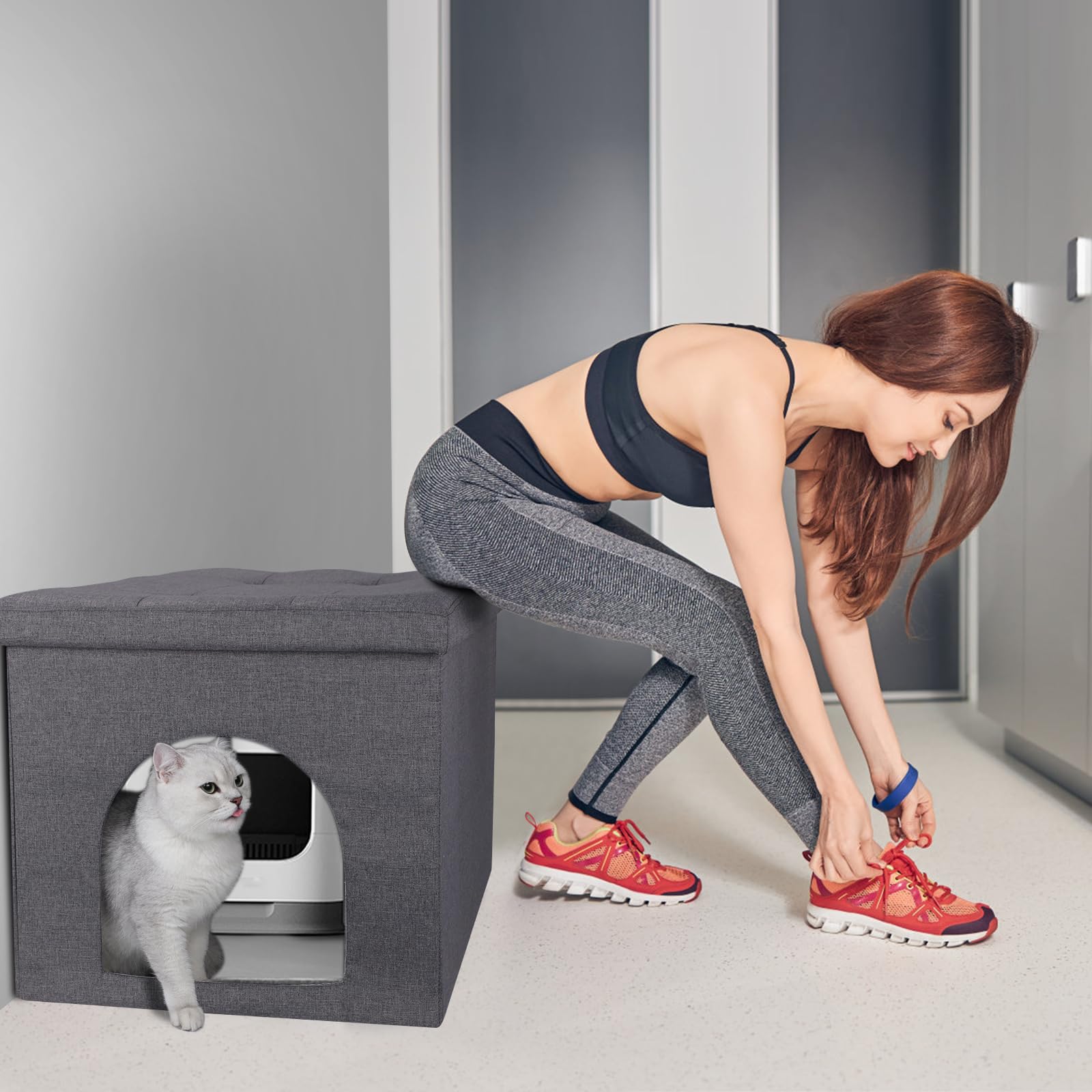 Hidden Cat Litter Box Enclosure Furniture - Large Dog Proof Ottoman with Flip-Up Lid, Waterproof Interior & Odor Control - 29.9 x 21.6 x 19.7 Inches, Grey - Perfect for Living Rooms, Bedrooms & Small Spaces