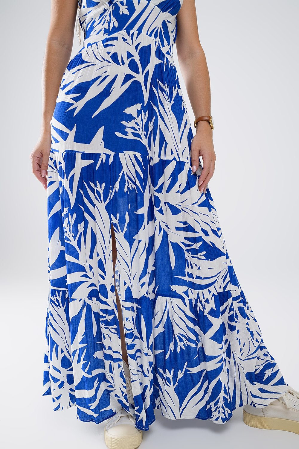 Women's Long V-Neck Tropical Print Blue Robe with Side Slit - Perfect for Spa, Lounging & Beach Cover-Up