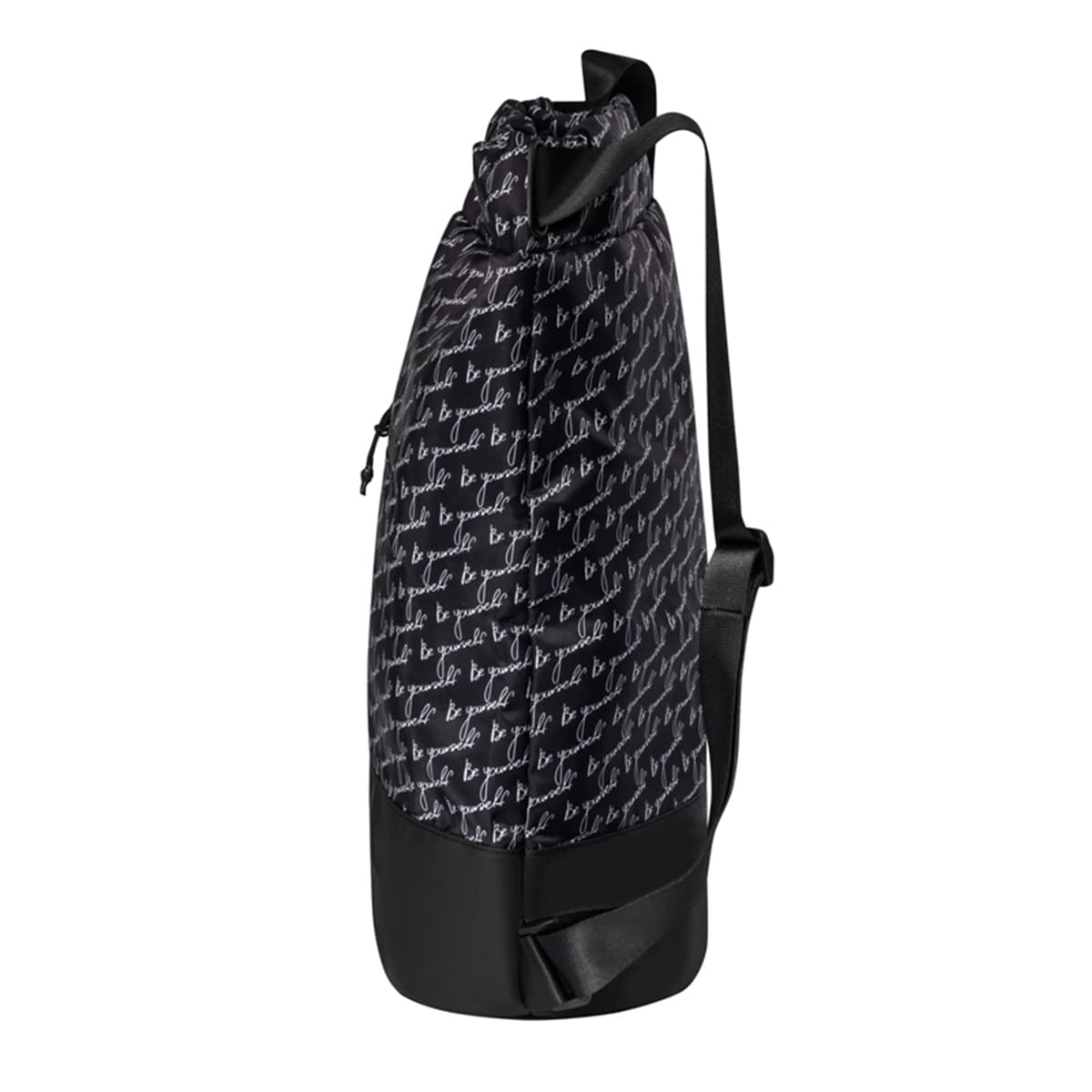 Stylish Women's Flex Cinch Drawstring Gym Bag with Trendy Graphic Designs | Durable Lightweight Sports Sack for Workout, Travel & Overnight Trips | Black/White 'Be Yourself' Pattern | Perfect for Yoga Class, Beach Day & Weekend Getaways