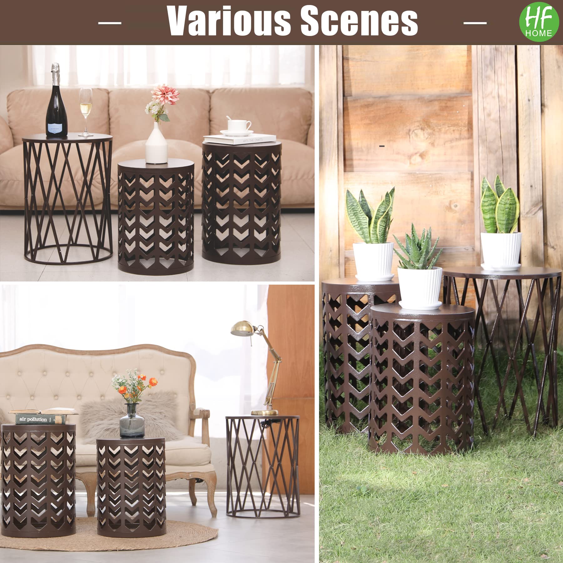 HFHOME Round Nesting Coffee Tables Set of 3 - Heavy Duty Metal Stacking End Tables for Living Room, Balcony, Office - Brown Indoor Side Tables for Home Decor | Perfect for Small Spaces, Coffee Time & Modern Interior Design