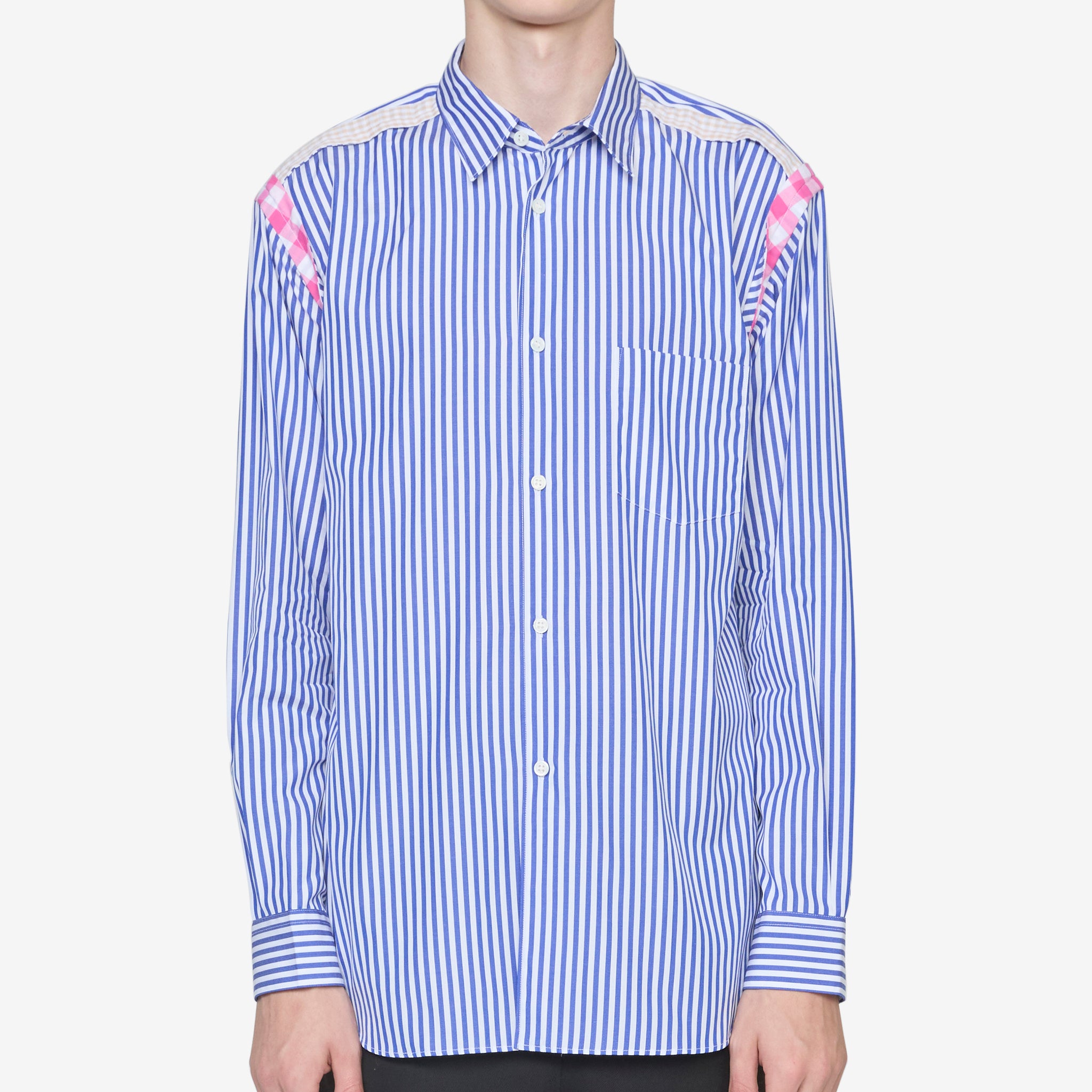 Blue Striped Gingham Trim Shirt for Women - Casual Summer Button Down Top for Picnics, Beach Outings and Office Wear