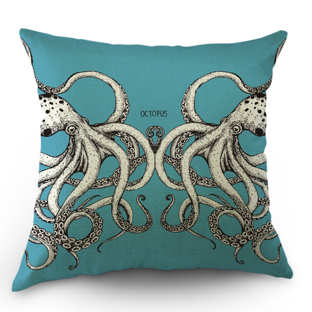 Octopus Throw Pillow Cover 18x18 Inch - Soft Cotton Linen Decorative Cushion Case for Sofa, Bed & Home Decor - Blue Ocean Animal Theme - Perfect for Living Room, Nursery & Coastal Style Bedrooms