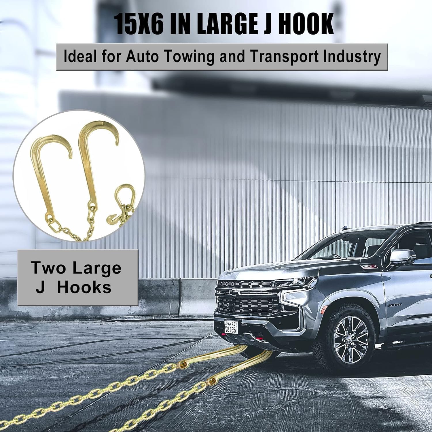 TYFYB 5/16 Inch G70 V-Shape Grade 70 Transport Chain with Large Shank J Hooks & Grab Hooks - 2ft Legs - 4700 lbs Working Load Limit - Gold Finish - Ideal for Flatbed Trucks, Trailers, Towing Safety & Heavy-Duty Securing Applications