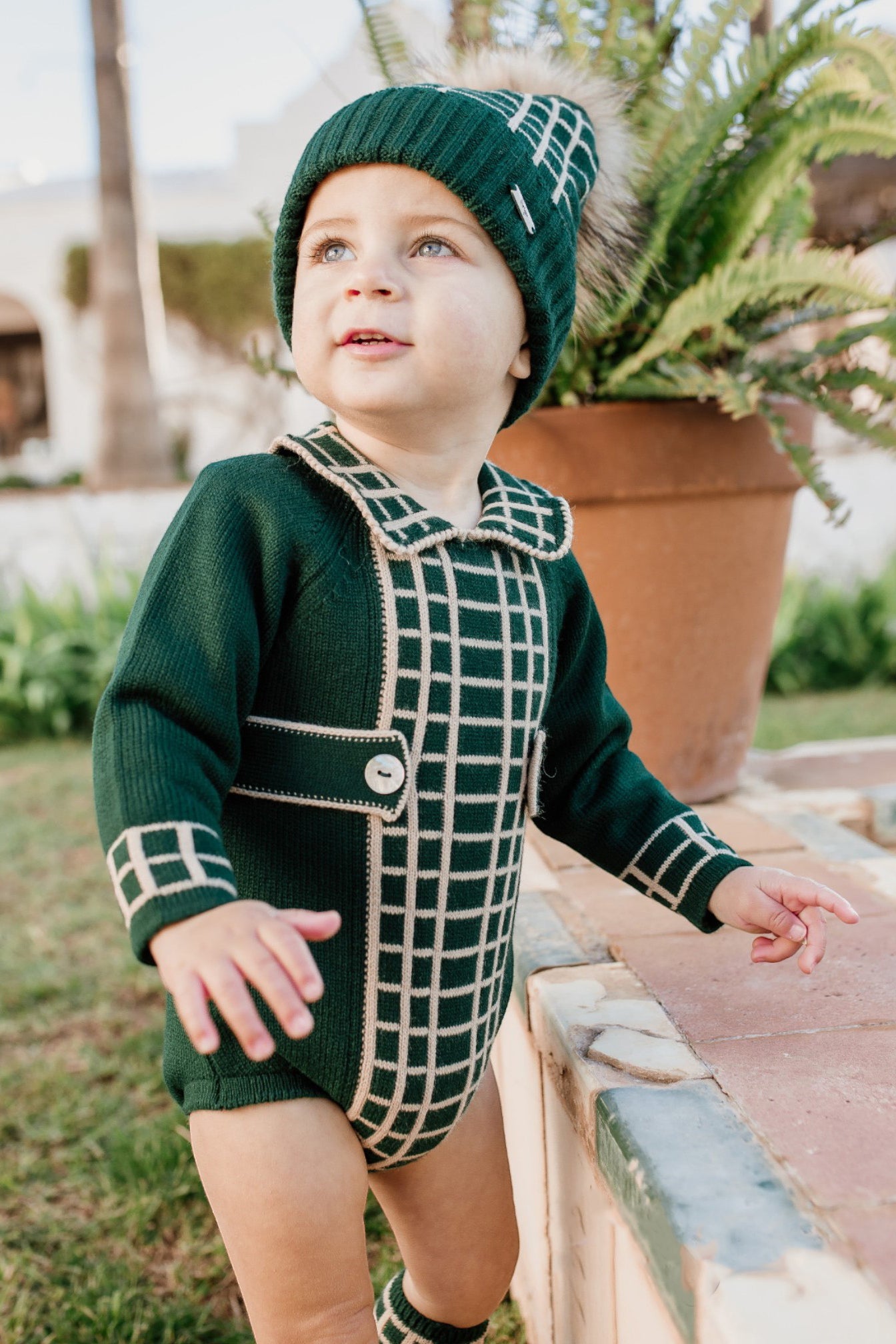 Stylish Green & Camel Check Knit Romper for Women - Soft Cotton Jumpsuit with Button Front - Perfect for Casual Outings, Picnics and Summer Vacations