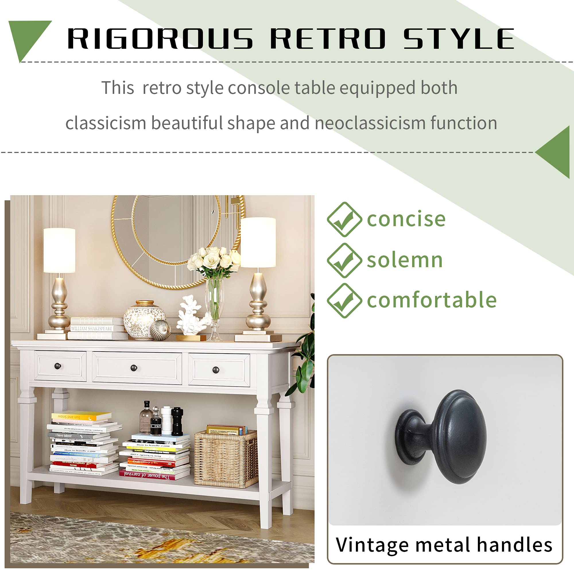 Harper & Bright Designs 3-Drawer Console Table with Open Bottom Shelf - Classic Retro Style Entryway Table for Living Room, Hallway & Bedroom - Antique White Finish | Perfect for Home Decor, Small Space Storage & Entry Organization