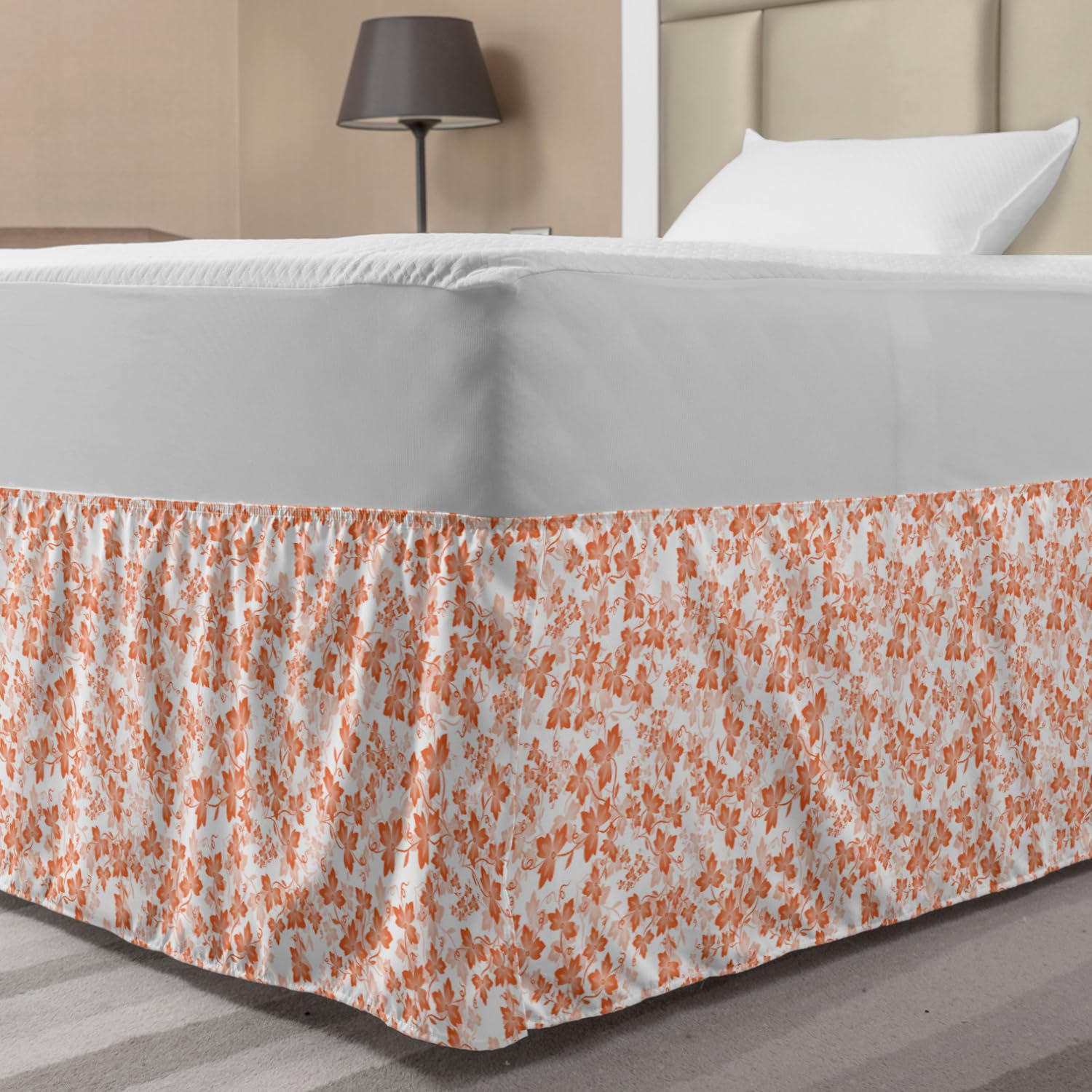 Ambesonne Autumn Bed Skirt - Fall Foliage Pattern Elastic Dust Ruffle Wrap Around for Queen/King Size Beds | Seasonal Home Decor for Bedroom, Guest Room & Vacation House (White Peach)