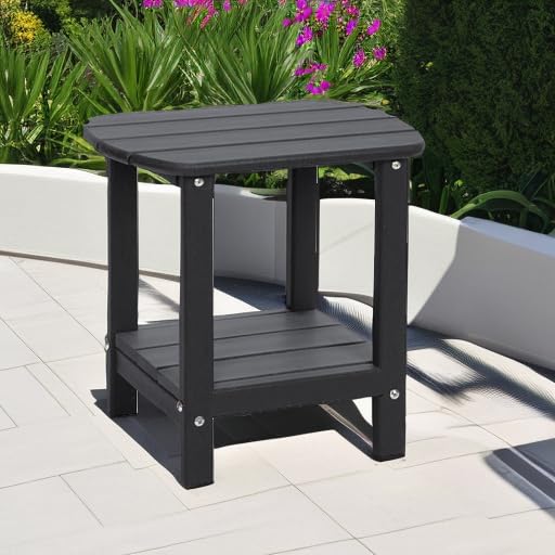 2-Tier Adirondack Outdoor Side Table - Weather Resistant HDPE Patio End Table for Deck, Poolside & Garden (Black) - Perfect for Drinks, Books & Outdoor Relaxation