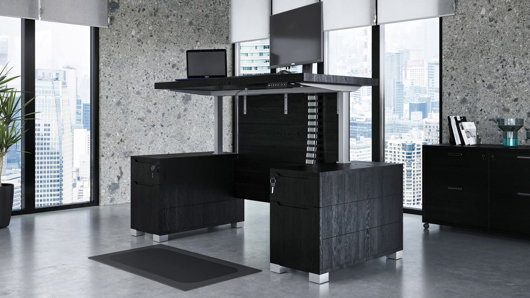 ZURI Furniture Ford Executive Modern Adjustable Height Desk with Filing Cabinets - Black Oak | Ergonomic Home Office Desk for Work & Study | Perfect for Small Spaces & Modern Workspaces