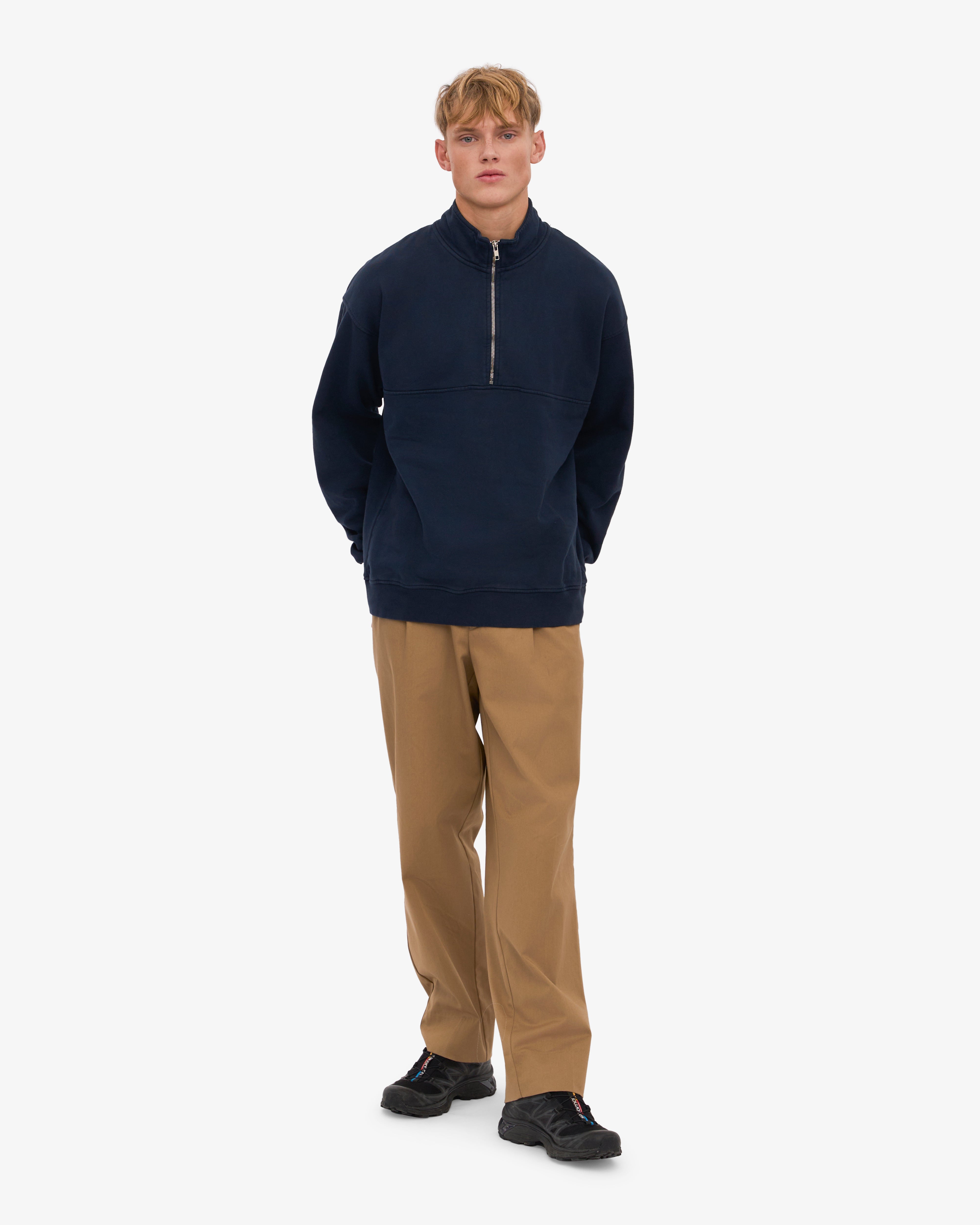 Organic Quarter Zip Sweatshirt for Men - Soft Navy Blue Pullover with Kangaroo Pocket | Perfect for Casual Wear, Outdoor Activities & Layering in Cool Weather