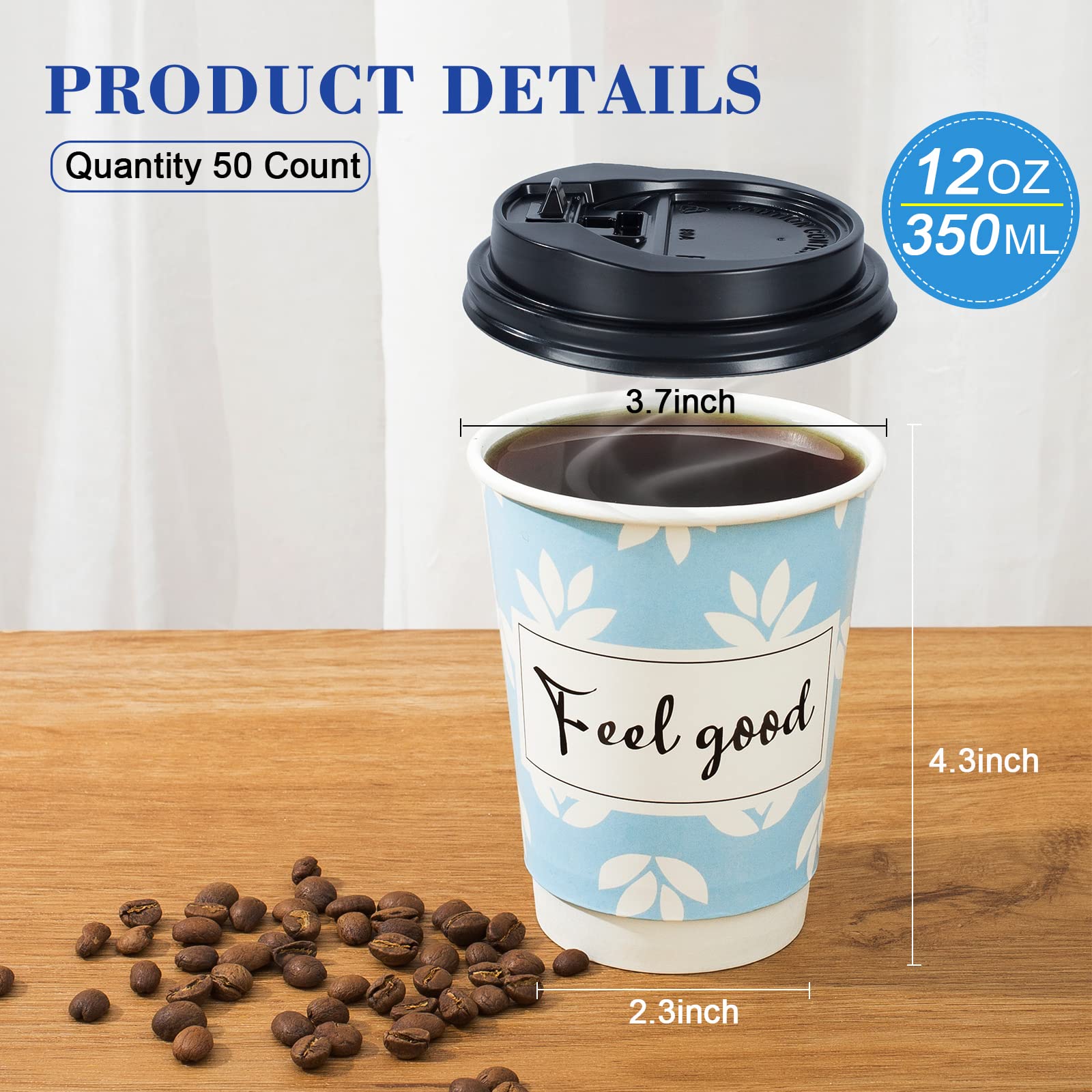 12 oz Disposable Coffee Cups with Lids - 50 Pack Double-Walled Insulated Paper Cups for Hot & Cold Drinks | Fun Designs | Perfect for Office, Coffee Shops, Parties & Takeout
