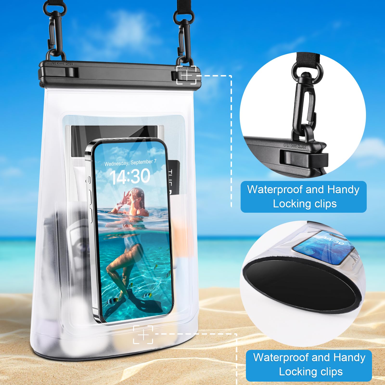 2L Waterproof Phone Pouch Dry Bag for iPhone 16 15 14 11 Pro Max & Samsung Galaxy S24 S21 - Floating Large Capacity Waterproof Case Stores Phone, Sunscreen, Sunglasses - Perfect for Beach, Swimming, Kayaking, Boating & Water Sports