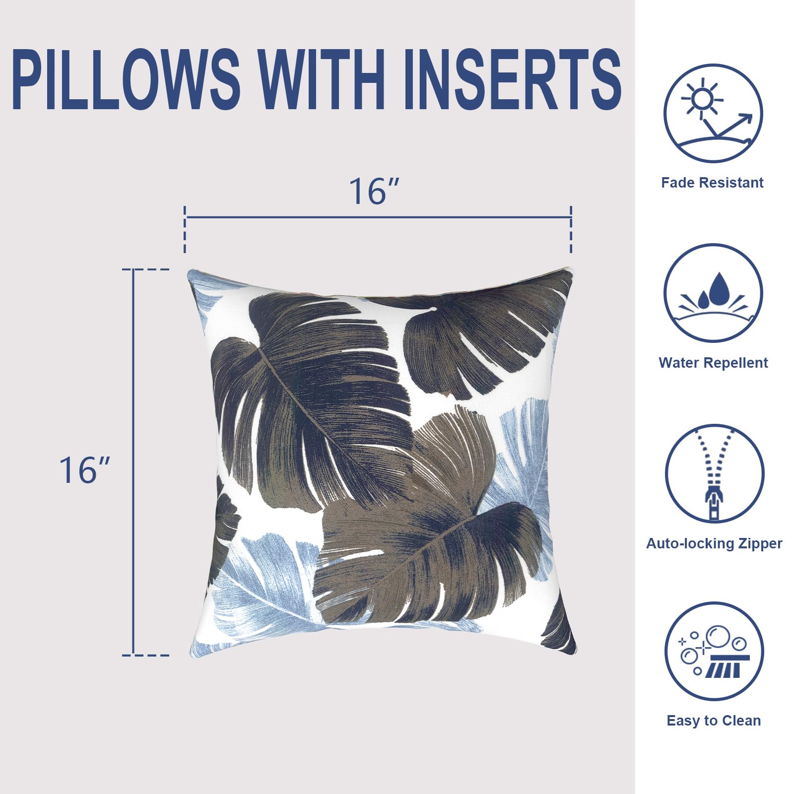 16x16 Inch Waterproof Outdoor Throw Pillows Set of 2 - Monstera Blue Patio Cushions for Garden Furniture, Deck & Porch Decor | All-Weather Home Accessories for Poolside Lounging & Backyard Relaxation